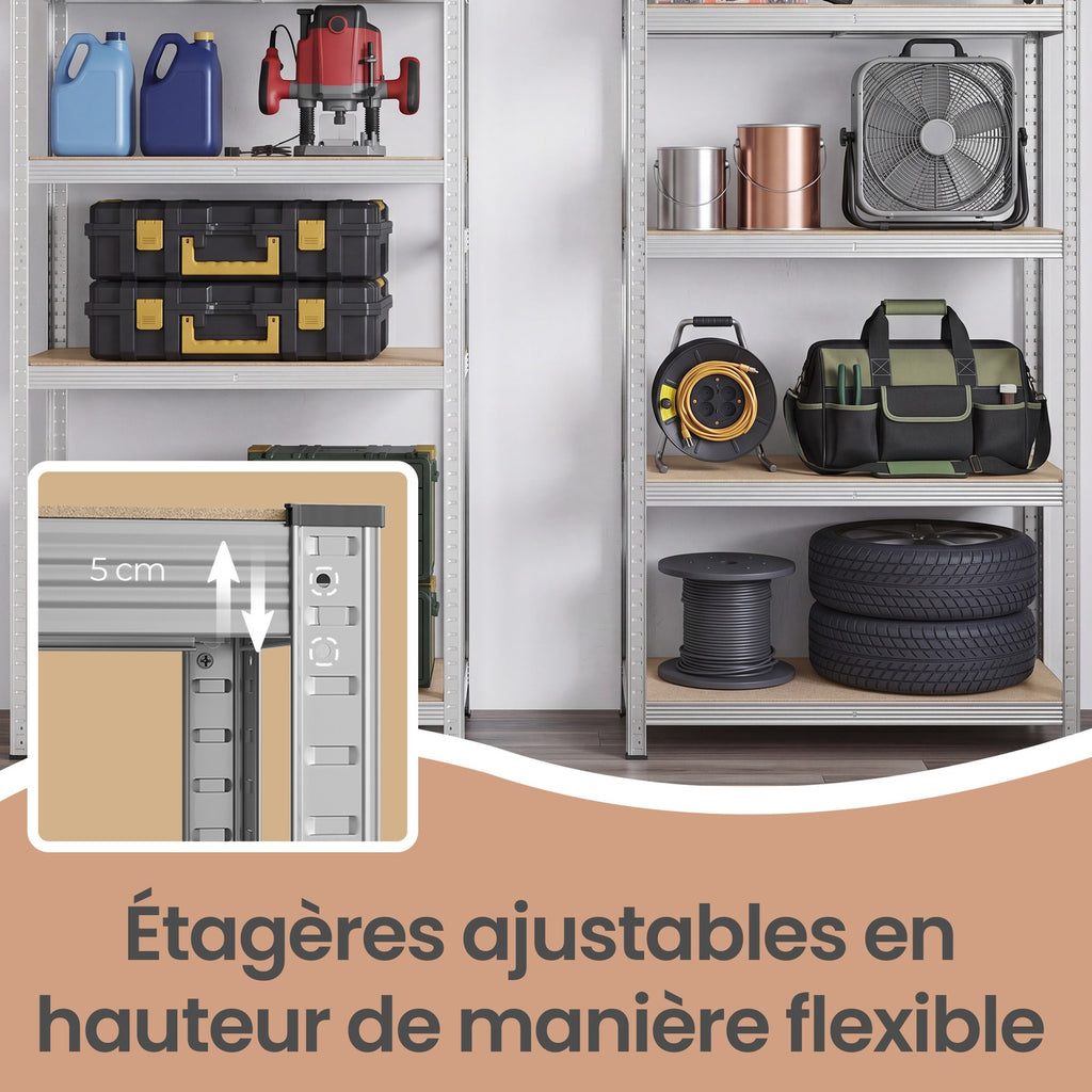 Ochama Étagère de charges lourdes, étagère de stockage, étagère de cave, structure en acier, 5 étagères réglables, Argent