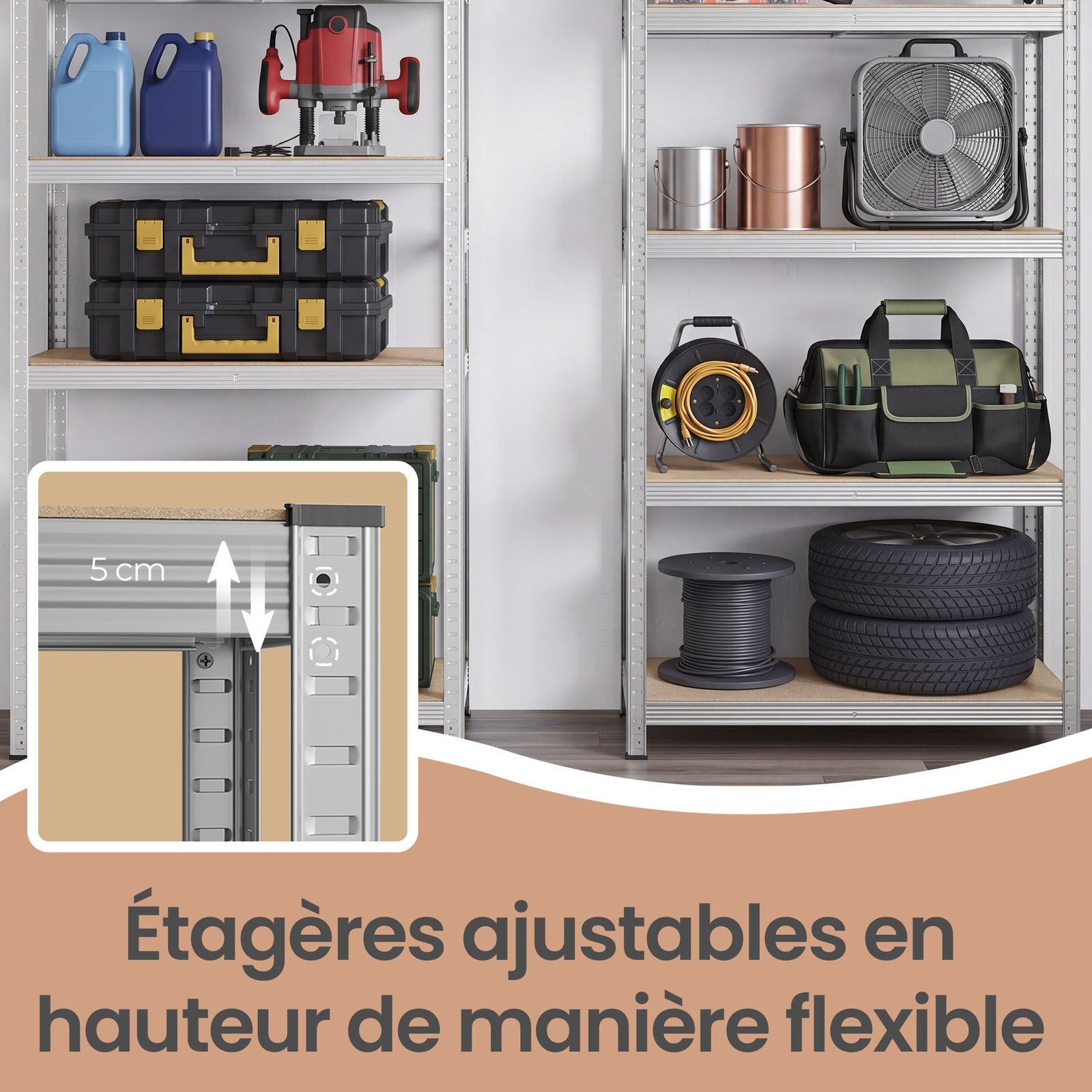 Ochama Étagère de charges lourdes, étagère de stockage, étagère de cave, structure en acier, 5 étagères réglables, Argent
