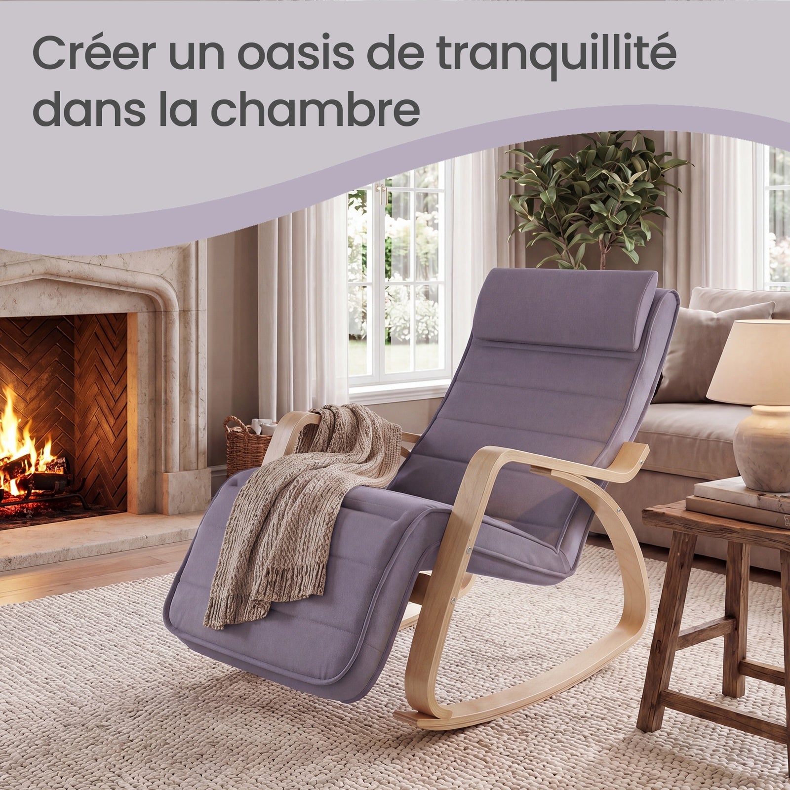 JOYFURNOS Fauteuil à bascule avec accoudoirs, Fauteuil lounge à bascule en bois de bouleau, Repose-pieds 5 positions réglables, Gris clair et Naturel
