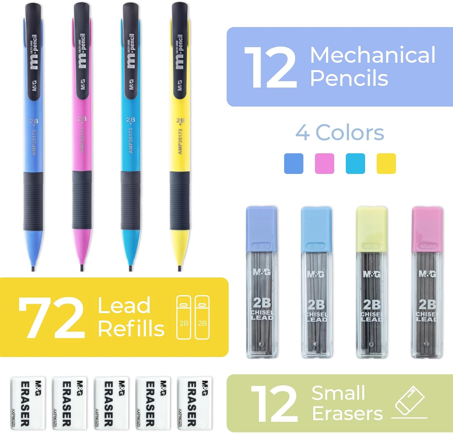M&G Lot de 12 porte-mines 1,8 mm avec 12 mines 2B et 12 gommes