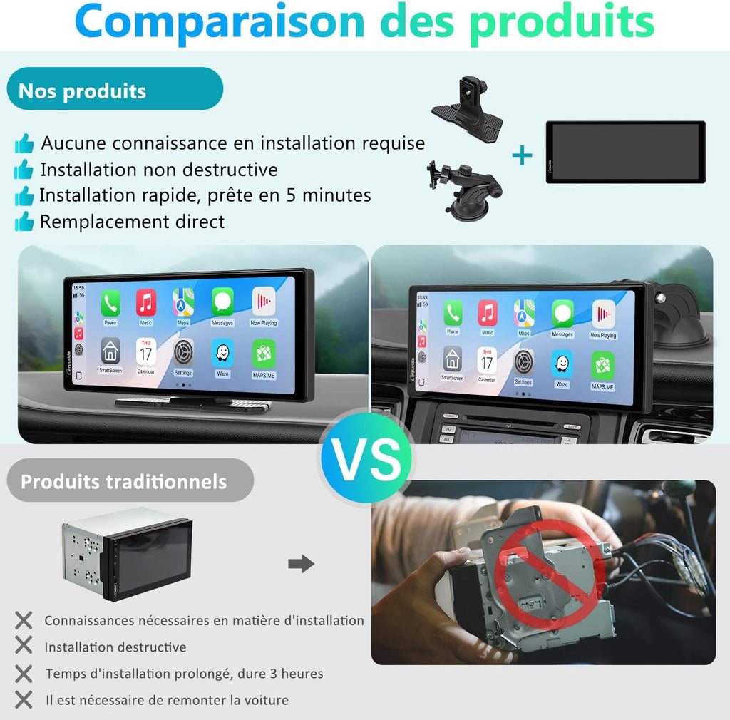 CARPURIDE stéréo de voiture portable, V92 Wireless Carplay & Android Auto, radio tactile 10,26 pouces 1080P HD avec BT 5.0, prise en charge Mirror Link