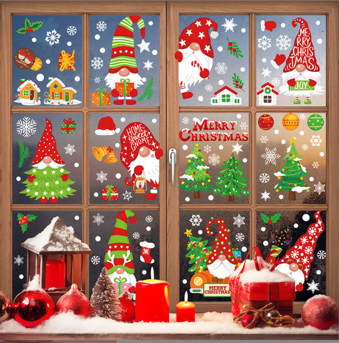 Ju7cer Autocollants de fenêtre de Noël pour enfants, décorations de fenêtre de Noël autoadhésives, motifs de lutins, 9 autocollants de fenêtre de Noël, autocollants de fenêtre d'hiver, décorations