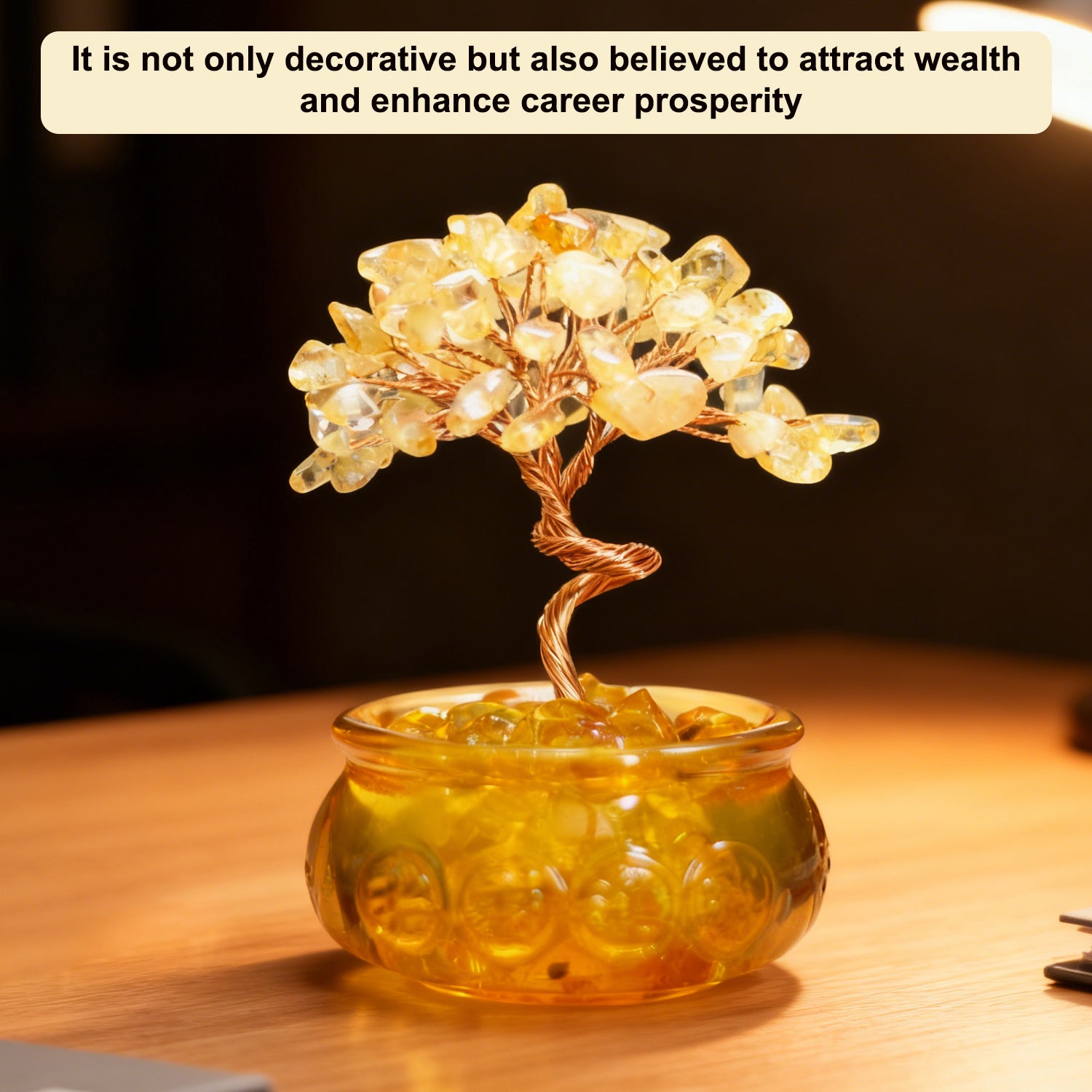 Ju7cer 1 pc arbre en citrine avec bol à trésor et tasse - Décoration d'arbre à argent en éclats de cristal naturel, convient pour bureau, maison et décoration de mariage, incontournable de Noël