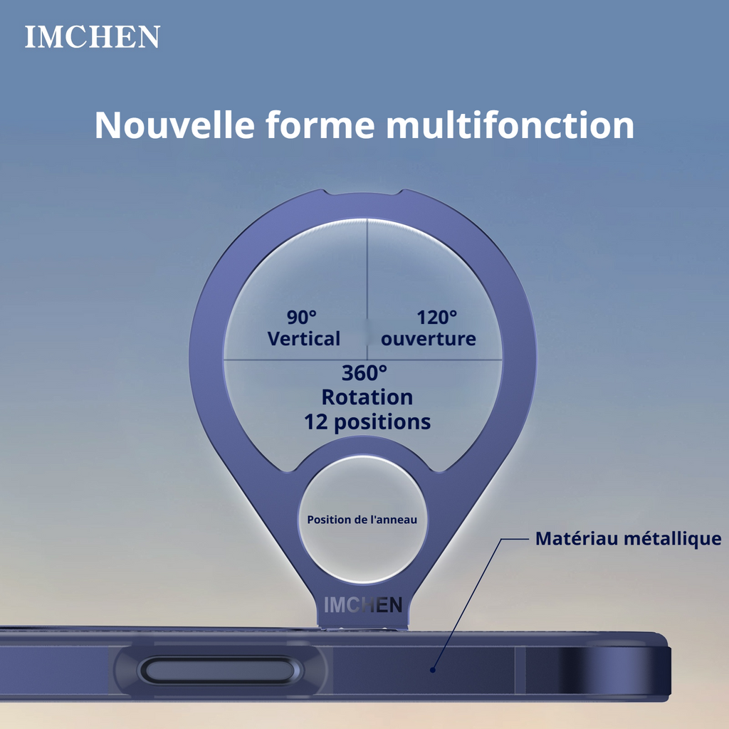 Coque pour iPhone 17 Pro, cadre en alliage, support métallique rotatif à 360°, anneau de maintien en cuir de qualité supérieure, anti-choc, Bleu, 1 pièce