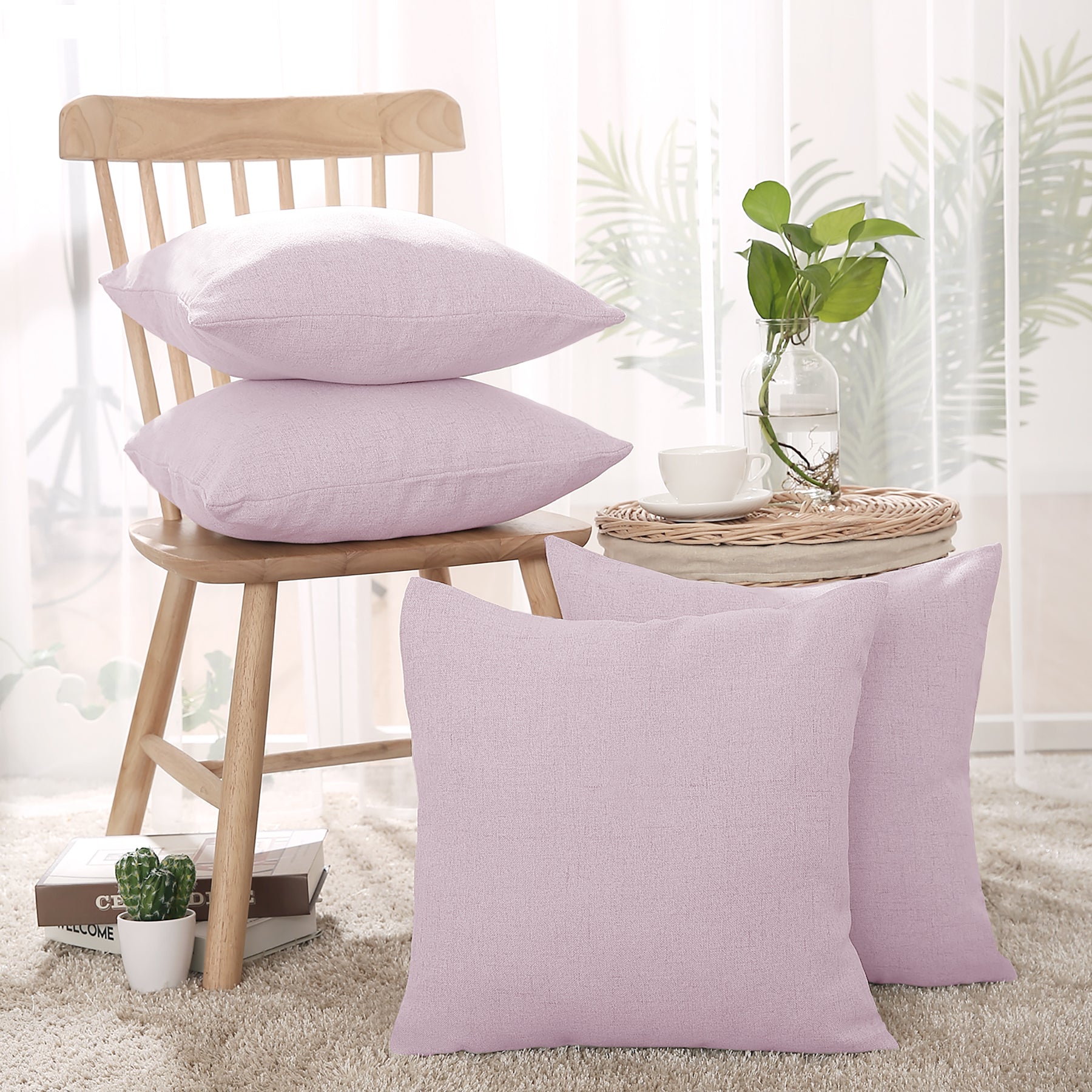 Deconovo Housse de coussin en tissu aspect lin, coloris rose clair, 45 x 45 cm, 1 pièce