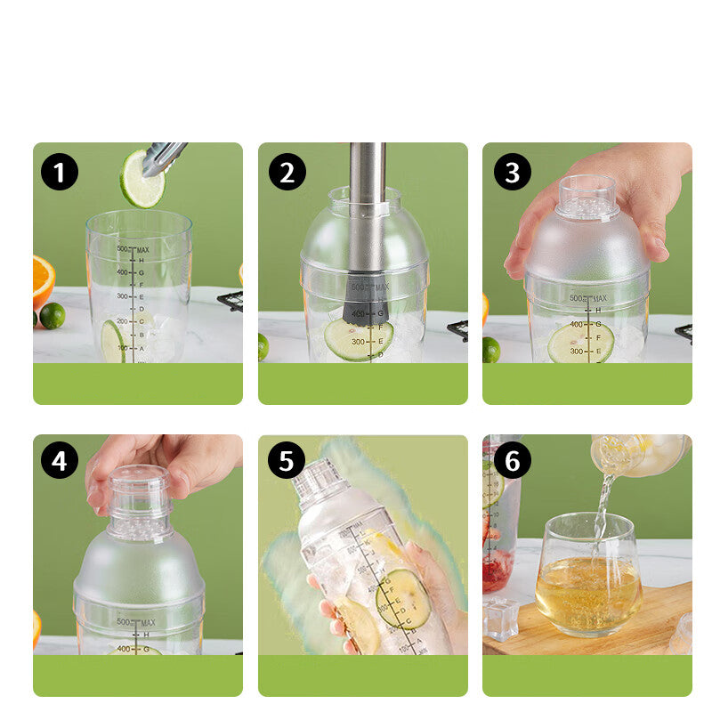 BJ Kit de shaker 700 ml - 4 pièces (couvercle anti-éclaboussures + cuillère de bar + gobelet doseur + pilon à glace de 30 cm)