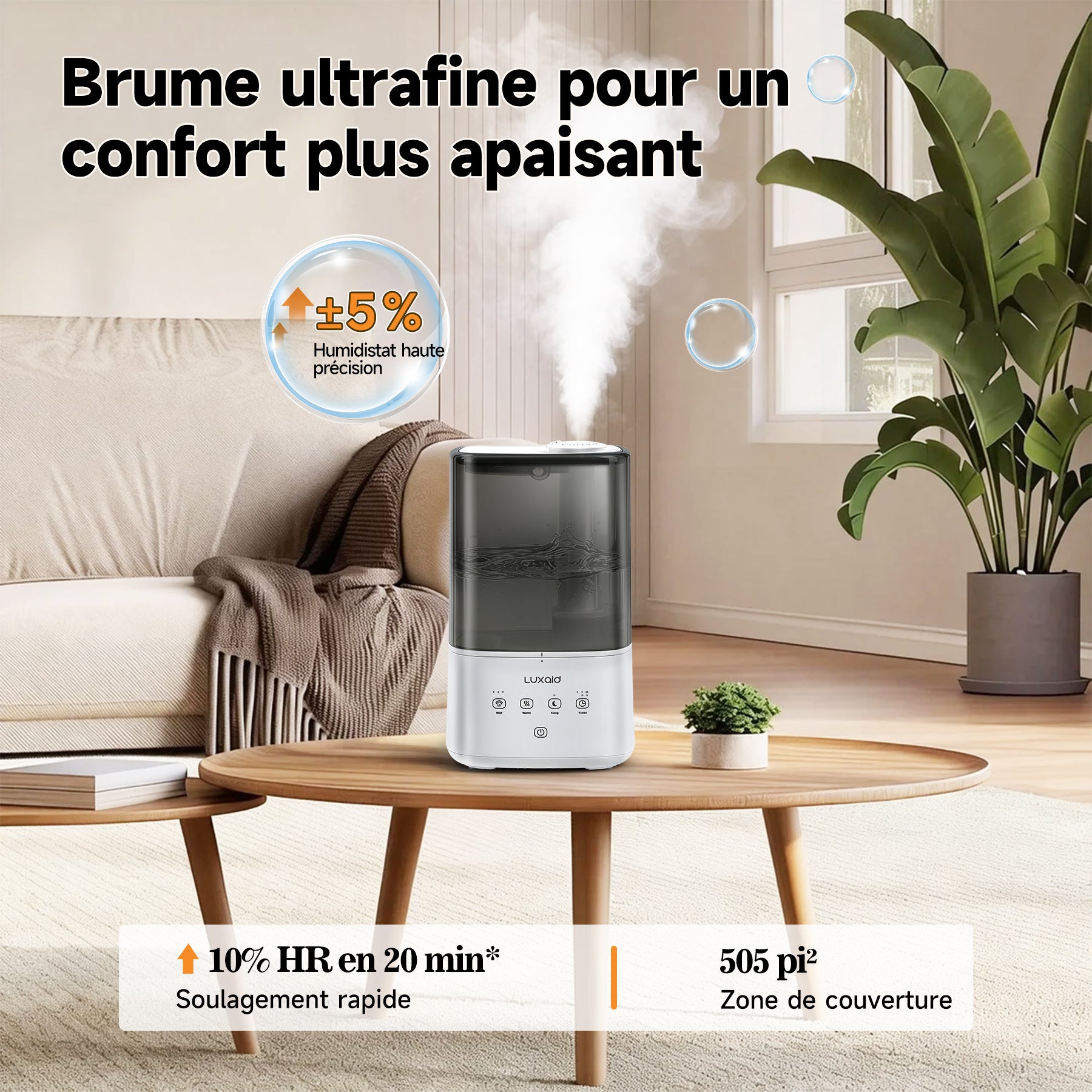 Luxaid Humidificateur 6L Brume Froide/Chaude, Remplissage par le haut, commande tactile, minuterie 4/8/12h, mode silencieux 20dB, buse 360°, fonction aromathérapie pour grande pièce
