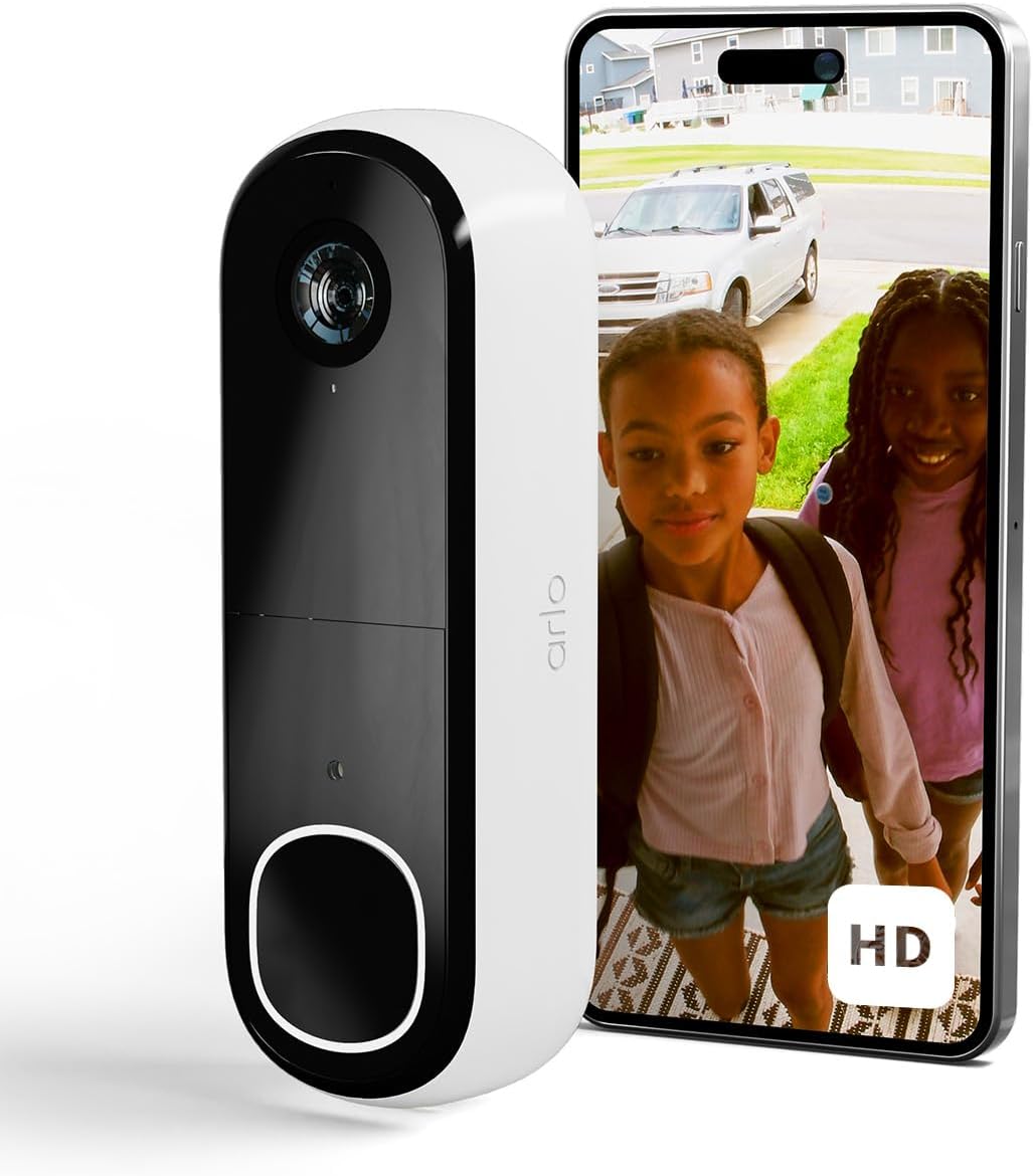 ARLO Pack Maison Protégée : Caméras d'extérieur HD Arlo Essential2 XL, pack de 2 + sonnette vidéo sans fil Arlo Essential HD, blanc