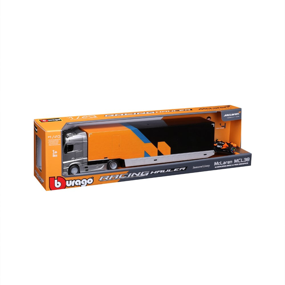 Bburago Camion de Transport de l'Équipe McLaren Racing Team Échelle 1/43 avec Voiture de Formule 1 MCL38 Pack