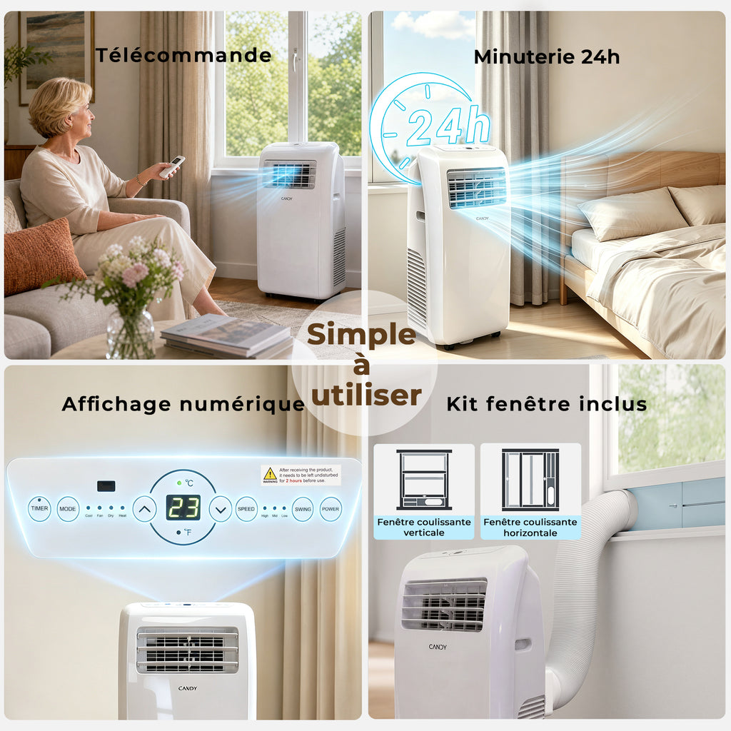 Candy 12000 BTU Climatiseur Mobile, Unité de Climatisation Intelligente 4 en 1, Refroidissement et Chauffage Rapides pour Pièces jusqu'à 35 ㎡, 3 Vitesses, Minuterie 24 H