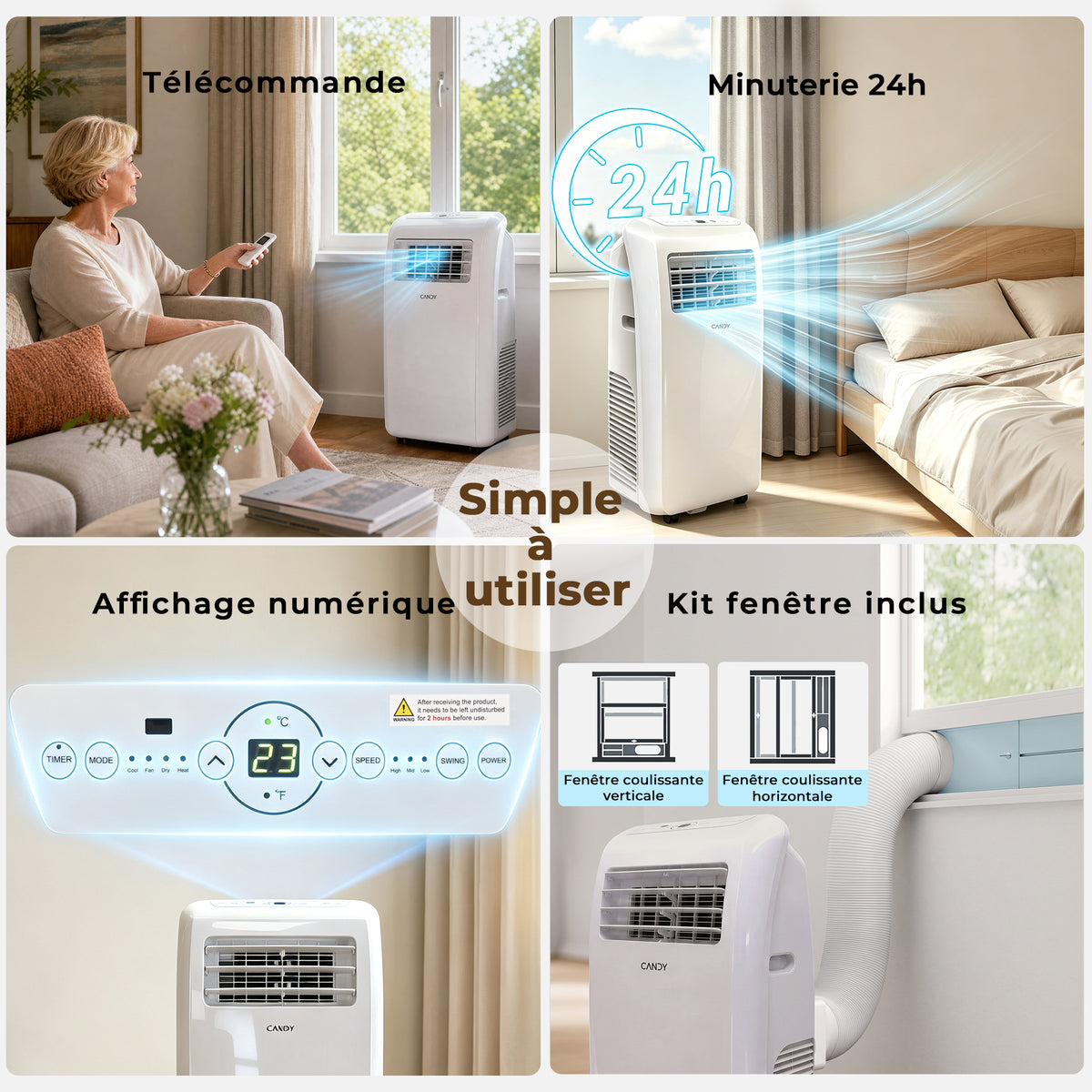 Candy 12000 BTU Climatiseur Mobile, Unité de Climatisation Intelligente 4 en 1, Refroidissement et Chauffage Rapides pour Pièces jusqu'à 35 ㎡, 3 Vitesses, Minuterie 24 H