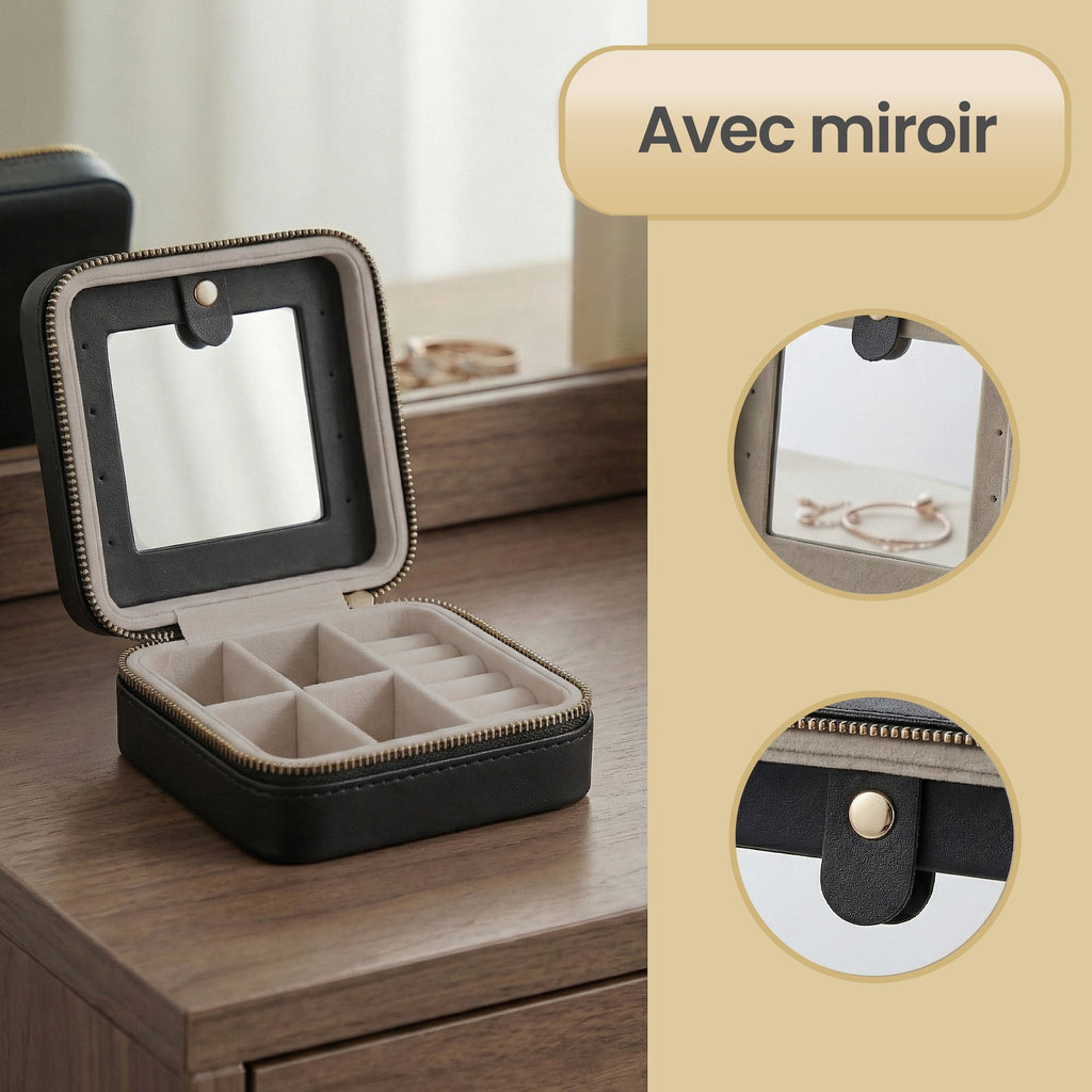 JOYFURNOS Boîte à Bijoux 11,4 x 11,4 x 5,5 cm avec Miroir Intérieur, en Cuir PU, Rangement à Bijoux pour Femme, Organiseur Compact et Portable, Idée Cadeau, Noir Encre