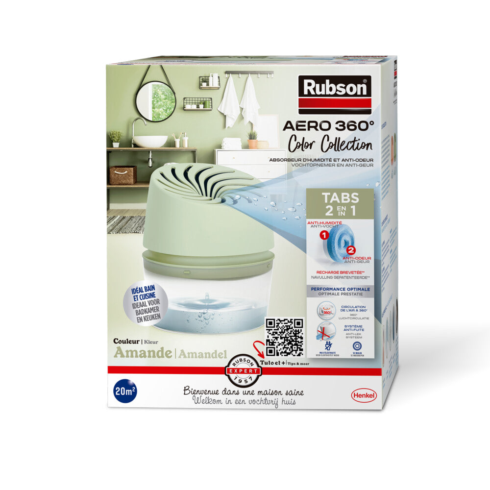 Rubson | Absorbeur d'Humidité Aero 360° Couleur Amande (1 appareil + 1 recharge de 450 g) – Absorbeur anti-humidité pour pièce jusqu'à 20 m² – Déshumidificateur d'air anti-odeur et anti-moisissure