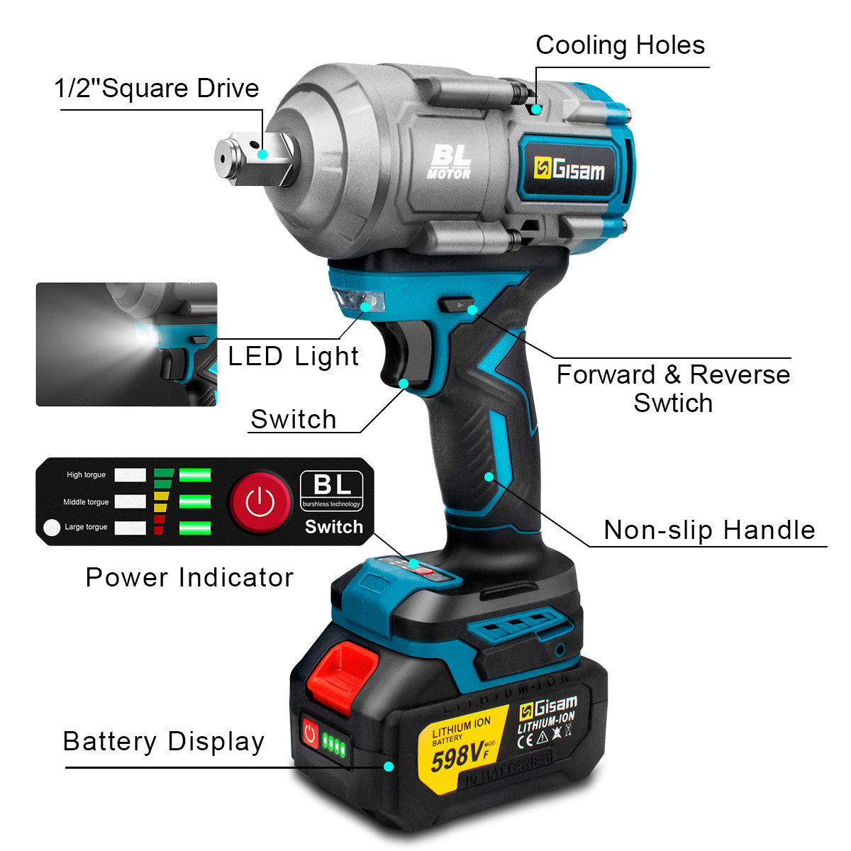 GISAM Clé à chocs électrique brushless sans fil 2000N.m 1/2 pouce, compatible avec batterie Makita 18 V