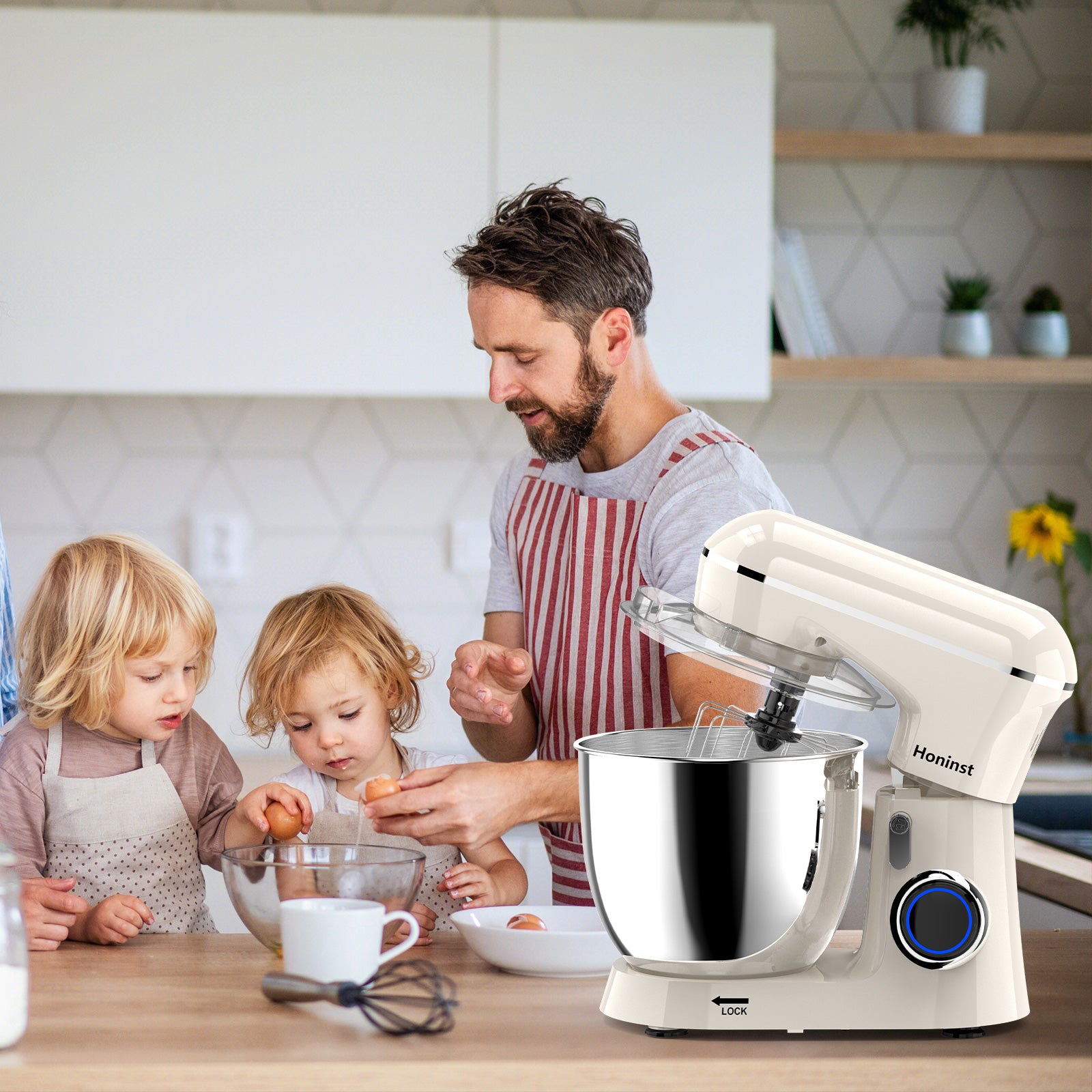 HONINST Robot pâtissier, Robot pâtissier électrique à tête inclinable 6,5 qt 10 vitesses, Robot de cuisine 3-en-1 avec bol, crochet pétrisseur, fouet et batteur plat