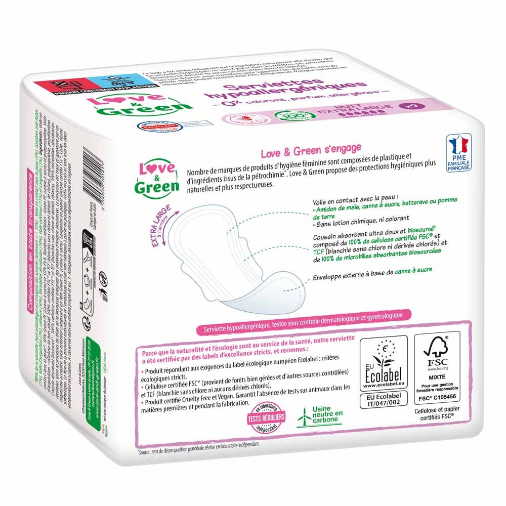 LOVE&GREEN Serviettes Hygiéniques Hypoallergénique avec Ailettes Nuit Extra Large X 9