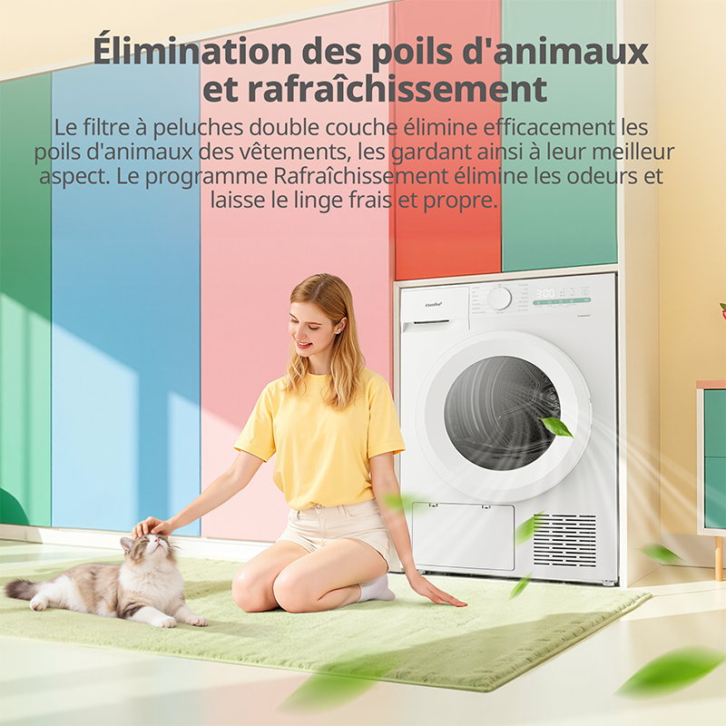 Comfee' Sèche-linge à pompe à chaleur CD08EHP05W-HR, 8 kg, classe énergétique D, lumière UV pour une pureté hygiénique, fonction de rafraîchissement, écran LED, séchage rapide, blanc