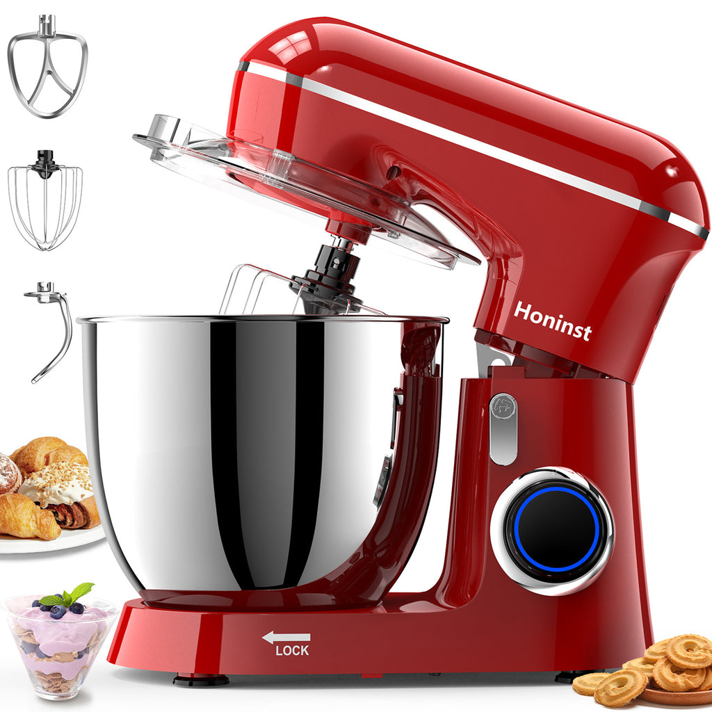 HONINST Robot pâtissier électrique à tête inclinable, 6,5 qt, 10 vitesses, robot de cuisine 3 en 1 avec bol, crochet pétrisseur, fouet et batteur plat