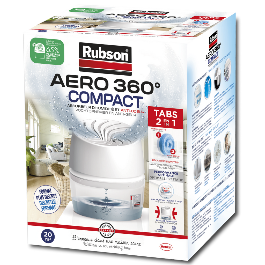 Rubson – Aero 360° Absorbeur d'humidité Compact (1 appareil + 1 recharge de 450 g) – Déshumidificateur d'air anti-odeur – Absorbeur anti-humidité & condensation