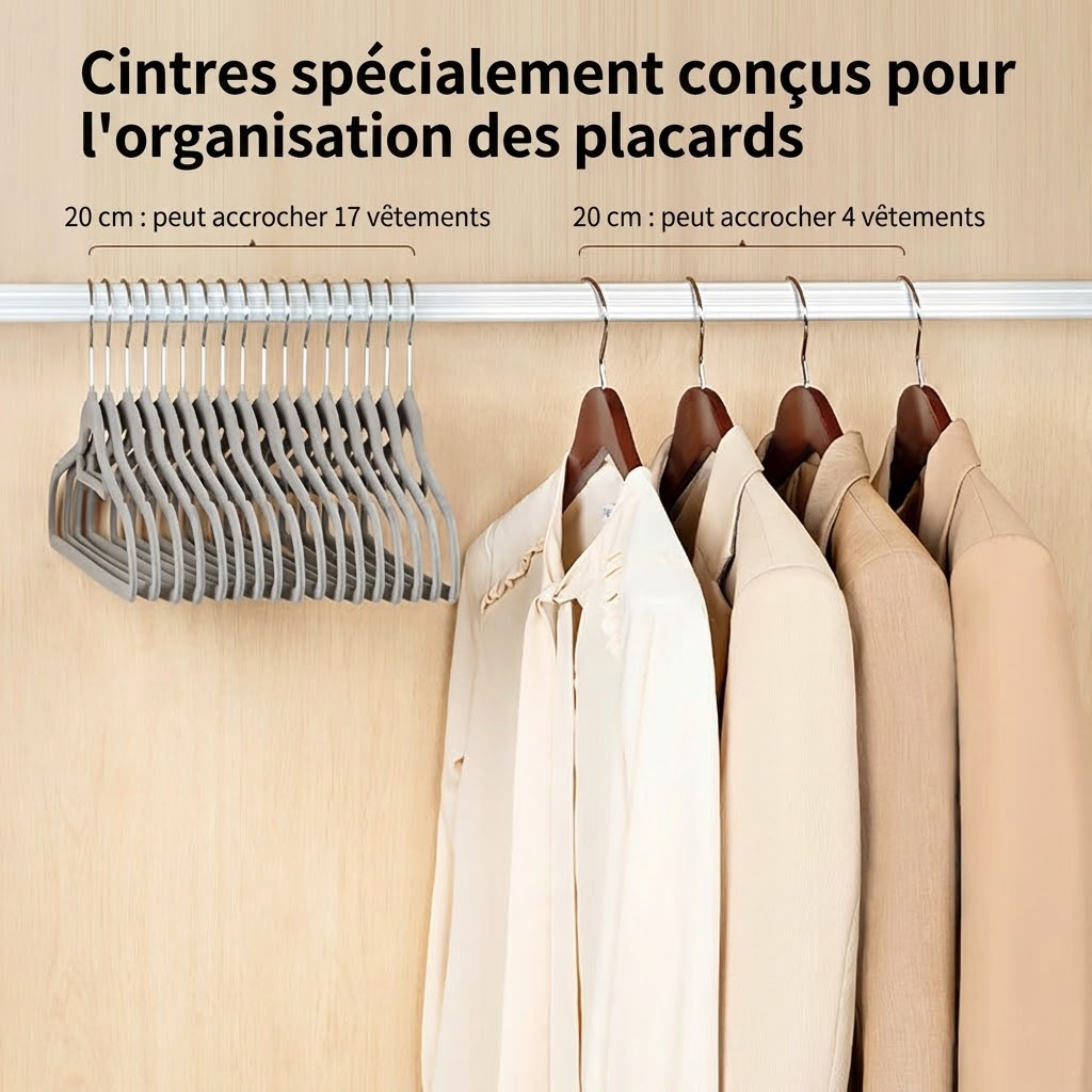 ochama×J.ZAO Cintres en velours antidérapants, sans traces, usage domestique, lot de 20 - Gris