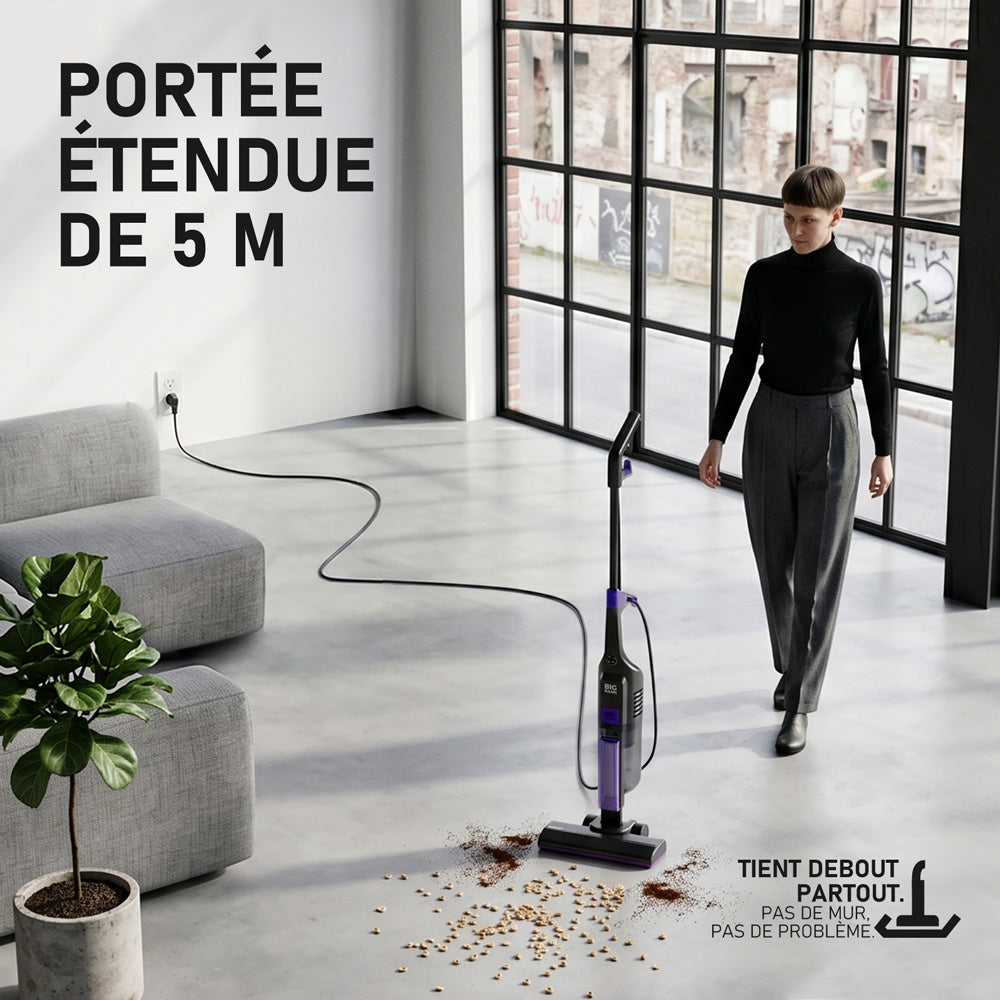 BIGBANN aspirateur balai 3 en 1, aspirateur à main filaire léger avec aspiration de 18 kPa, rangement vertical, cordon de 5 m, filtre HEPA pour sols durs