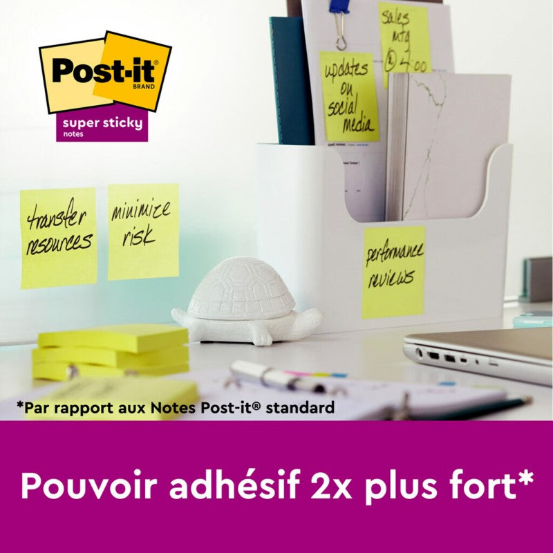 Post-it Notes repositionnables super adhésives, Jaune canard, 47,6 mm x 47,6 mm, 90 feuilles/feuille, 12 blocs/lot, Emballage en carton, 100 % PEFC, SGSCH-PEFC-COC-110078