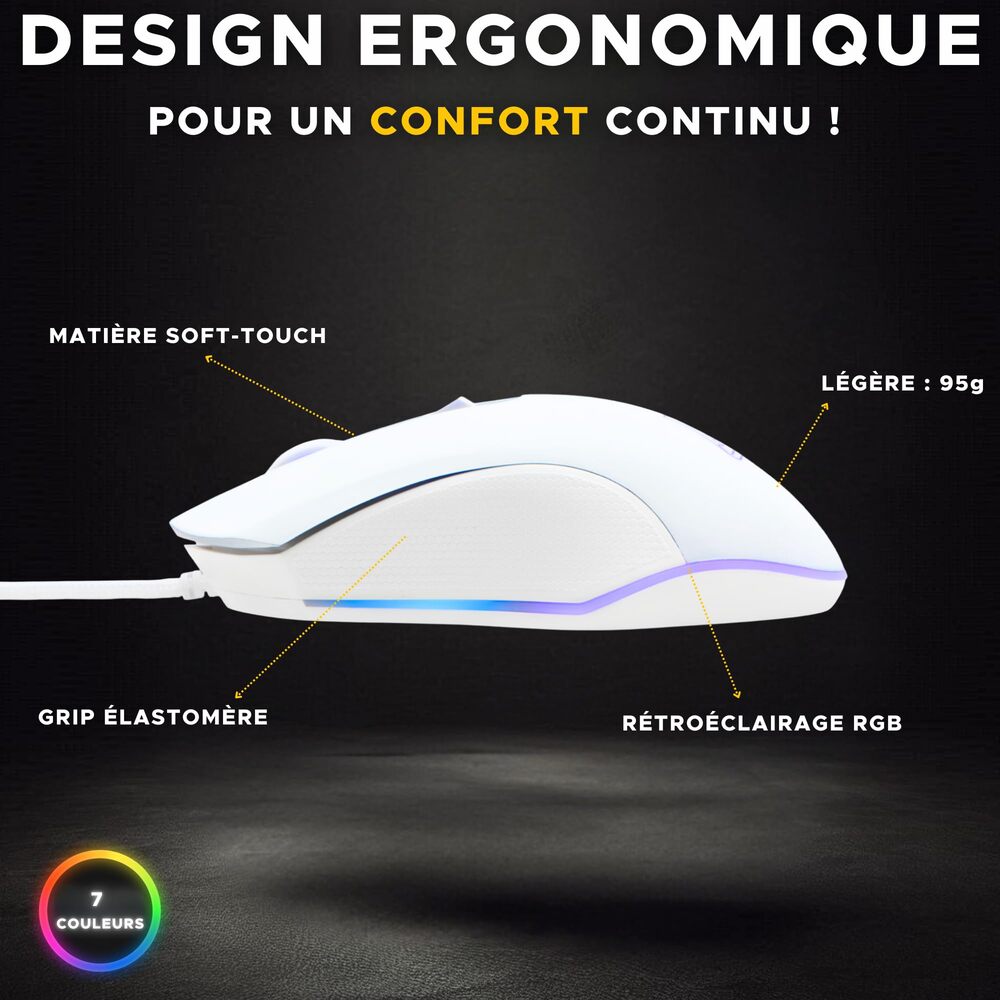 THE G-LAB KULT-HELIUM Souris Gaming Filaire - 6400 DPI, 6 Boutons - Blanc
