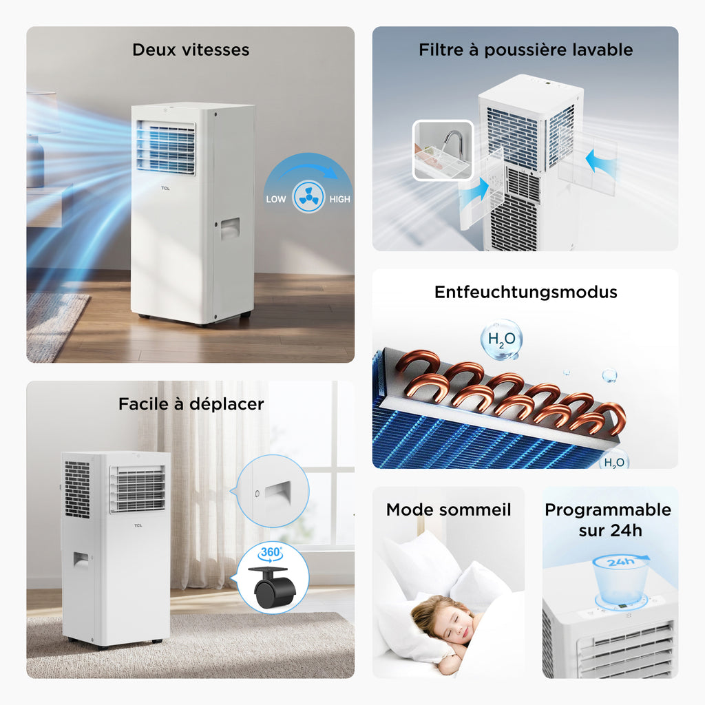 Climatiseur mobile TCL 9000 BTU, Mode 3 en 1 refroidissement / ventilateur / déshumidificateur, Refroidissement uniquement, Télécommande, Kit pour fenêtre coulissante inclus, Classe énergétique A.