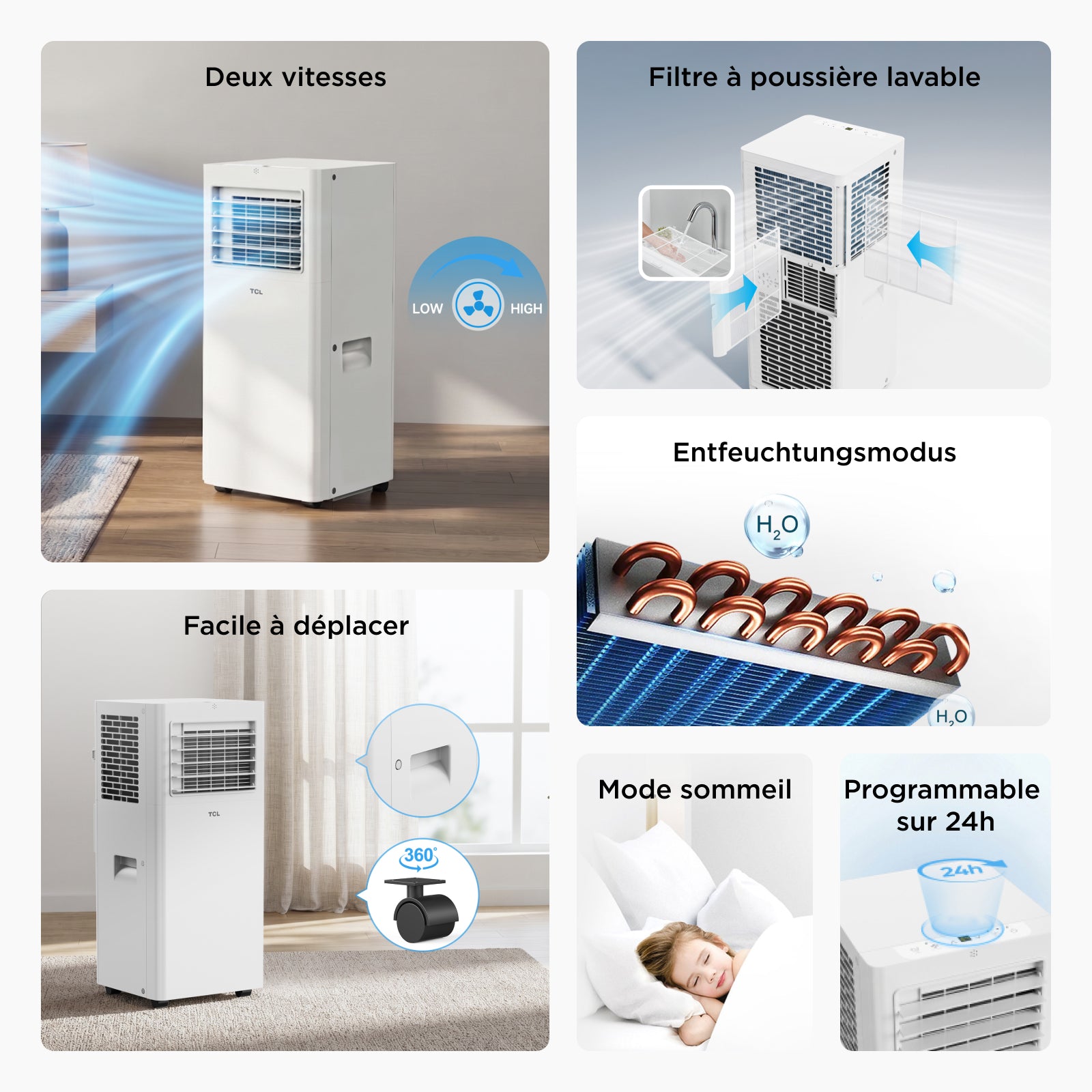 Climatiseur mobile TCL 9000 BTU, Mode 3 en 1 refroidissement / ventilateur / déshumidificateur, Refroidissement uniquement, Télécommande, Kit pour fenêtre coulissante inclus, Classe énergétique A.