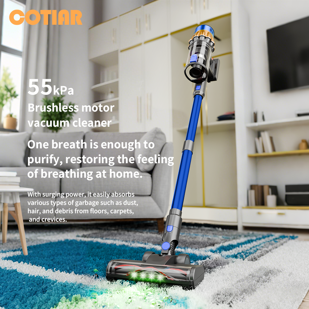 COTIAR V22 Aspirateur sans fil 650 W, moteur sans balais, 55 kPa de puissance d’aspiration, 1,2 L de capacité, écran LED, pour tapis, sols et poils d’animaux, Bleu