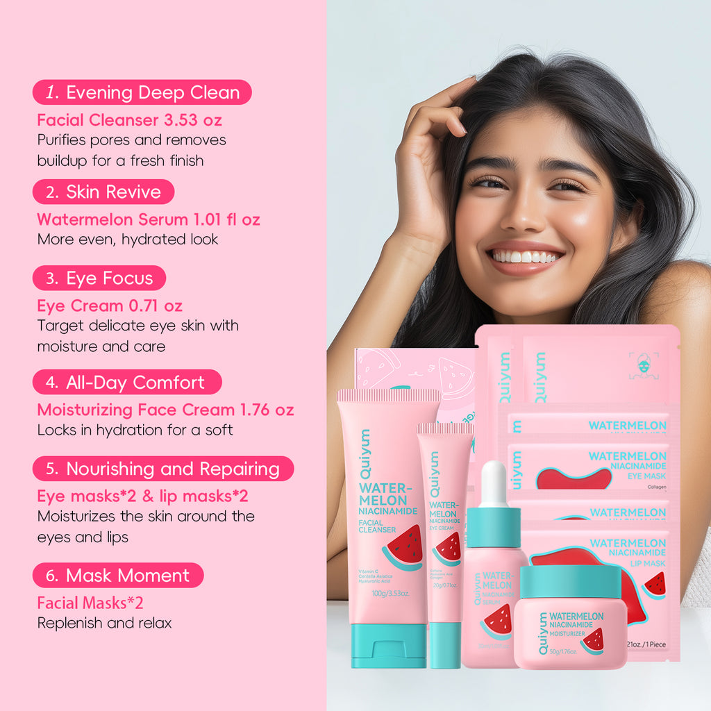 Quiyum Coffret de soins à la pastèque (13 pièces) - Nettoyant pour le visage 100 g, Sérum 30 ml, Crème contour des yeux 20 g, Crème pour le visage 50 g, Masque pour les yeux 6 g × 2, Masque pour les lèvres 6 g × 2, Masque pour le visage 25 g × 2, Ave