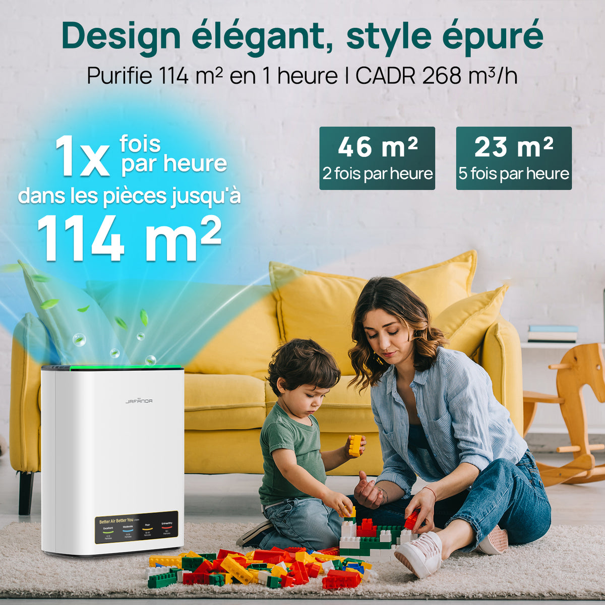 JAFANDA Purificateur d'air maison, Jusqu'à 1226 ft², Filtre True HEPA avec Affichage PM2.5, Mode sommeil 20 dB, Élimine Poils d'animaux, Odeurs, Poussière, Fumée, Pollen et Allergènes