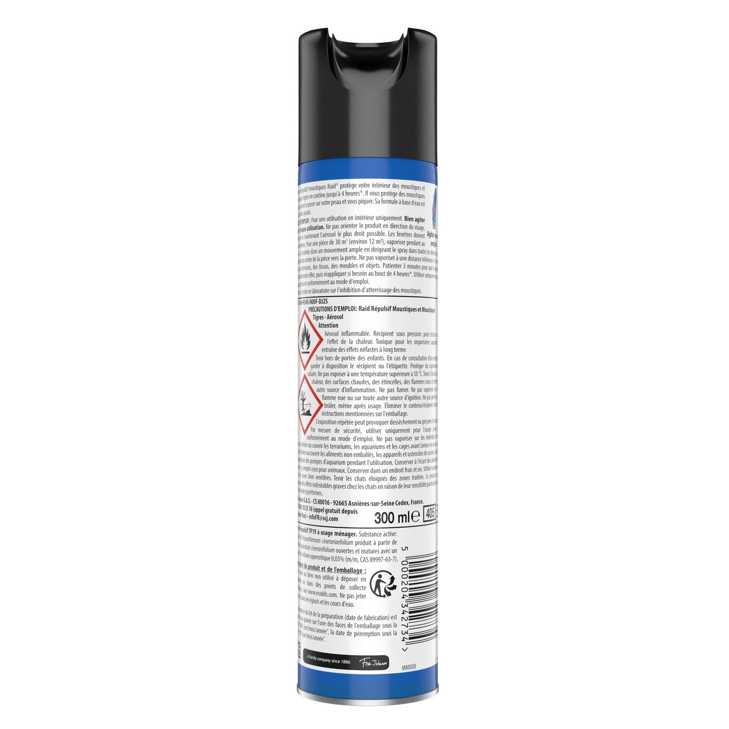 Raid Spray répulsif anti-moustiques sans parfum, usage intérieur, protection jusqu'à 4 heures, 300 ml