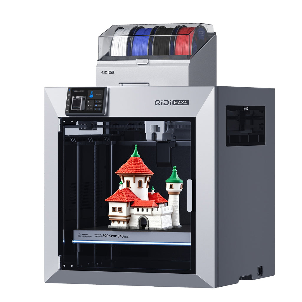 QIDIxnotre partenaire Max4 Combo Imprimante 3D, grand volume d'impression de 390 × 390 × 340 mm, chambre chauffée à 65 °C, imprimantes 3D FDM, vitesse maximale de 800 mm/s, prend en charge jusqu'à 16 couleurs/multi-matériaux avec QIDI Box, nivellemen