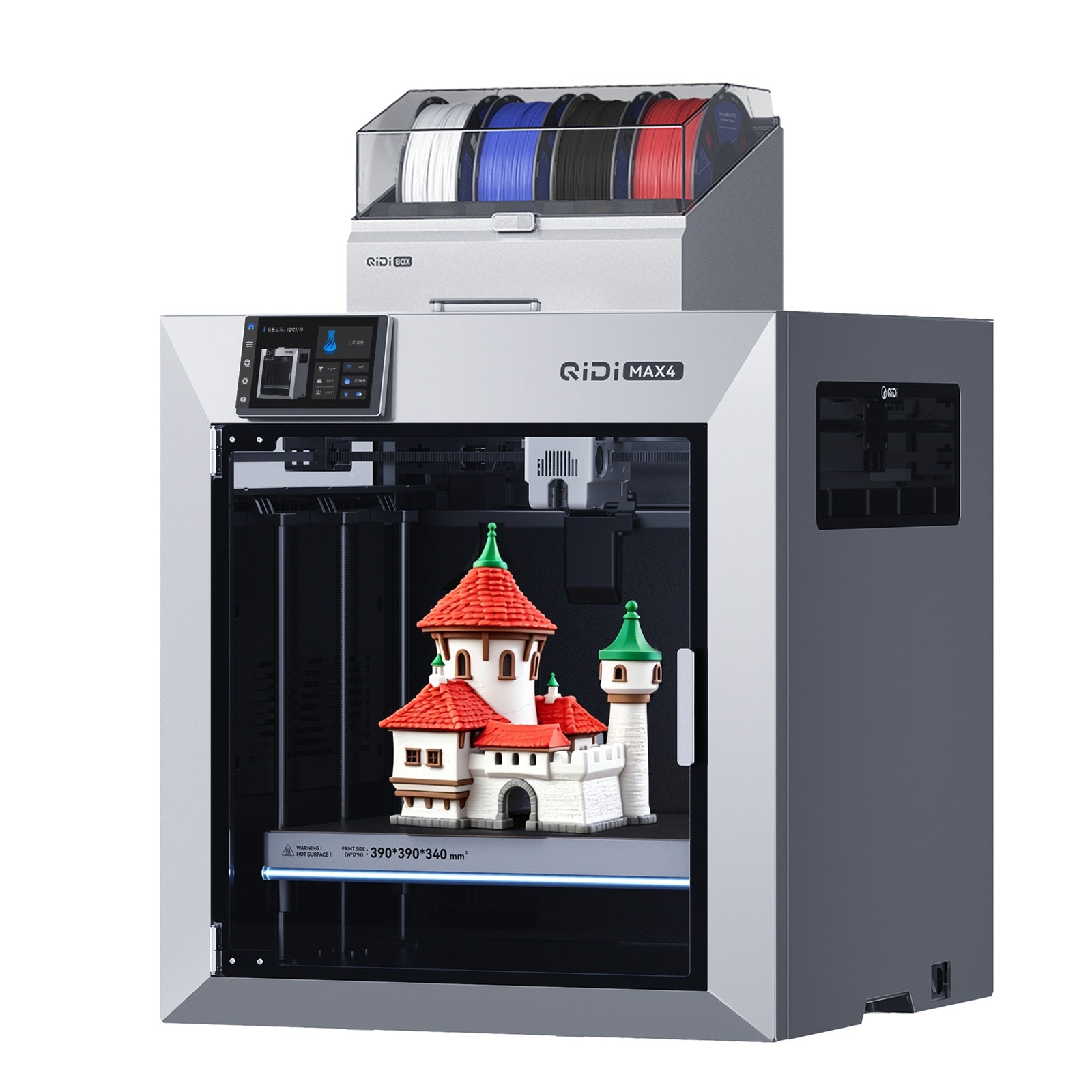 QIDIxnotre partenaire Max4 Combo Imprimante 3D, grand volume d'impression de 390 × 390 × 340 mm, chambre chauffée à 65 °C, imprimantes 3D FDM, vitesse maximale de 800 mm/s, prend en charge jusqu'à 16 couleurs/multi-matériaux avec QIDI Box, nivellemen