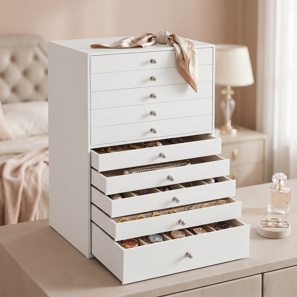 JOYFURNOS Organisateur de bijoux avec tiroirs, grande boîte de rangement, idée cadeau moderne pour chambre, 10 niveaux, blanc