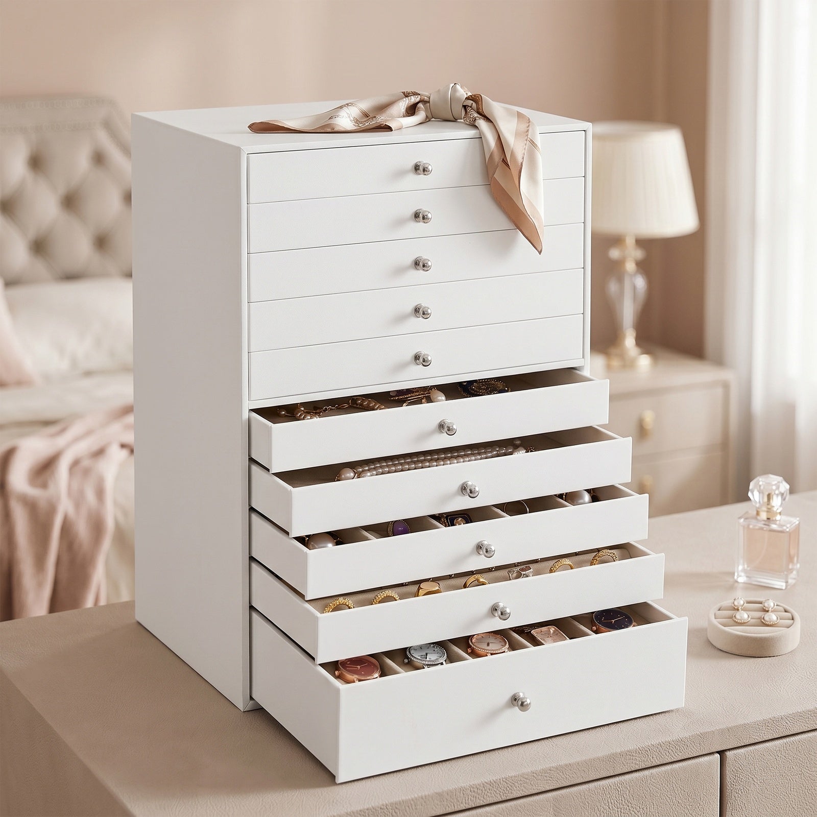 JOYFURNOS Organisateur de bijoux avec tiroirs, grande boîte de rangement, idée cadeau moderne pour chambre, 10 niveaux, blanc