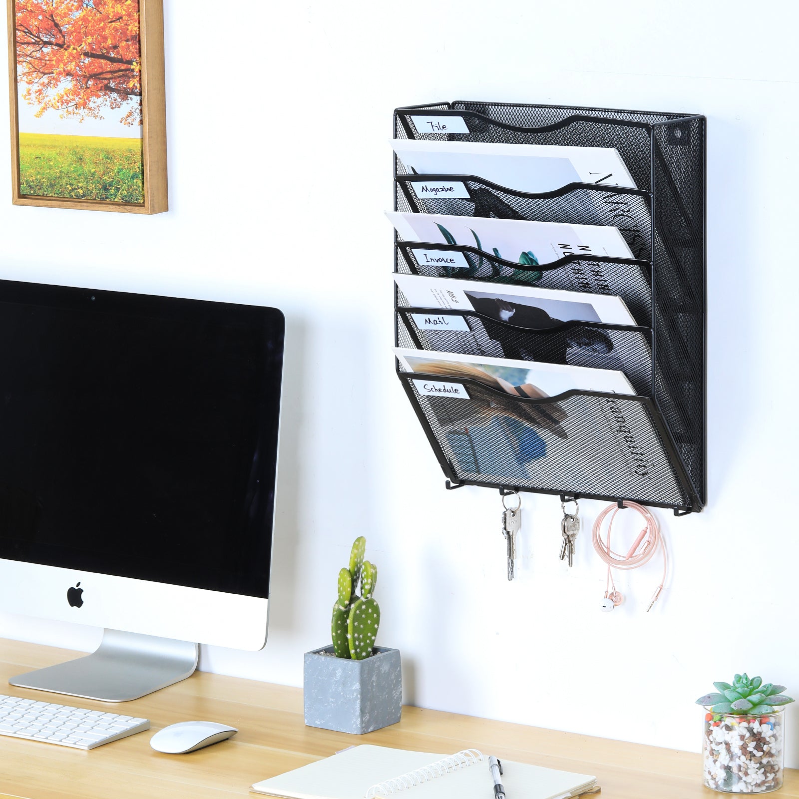 Senhoglb Porte-documents mural A4 en maille à 5 niveaux avec 5 crochets, Noir, Soldes du Nouvel An, Meilleures idées cadeaux