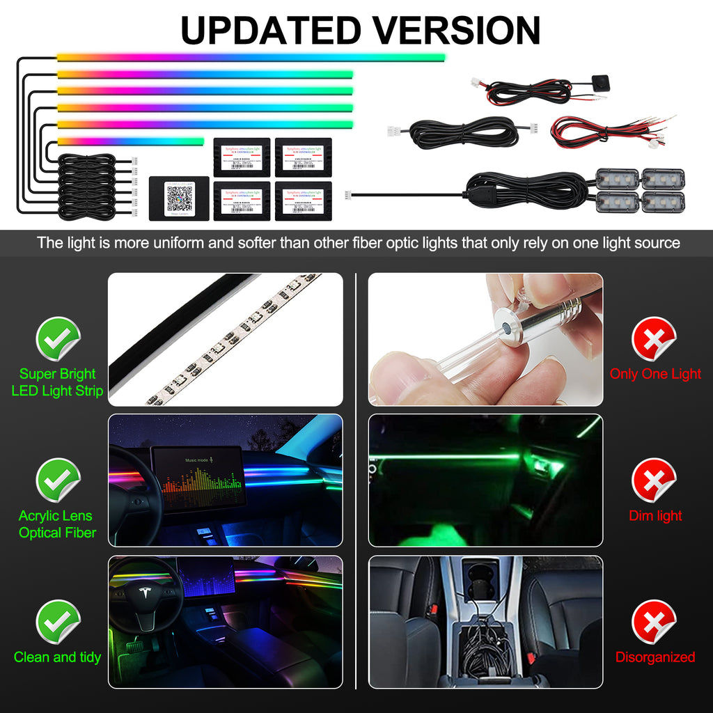 Bande lumineuse LED acrylique intérieure de voiture Dreamcolor, compatible avec contrôle sans fil via application, RGB 10-en-1