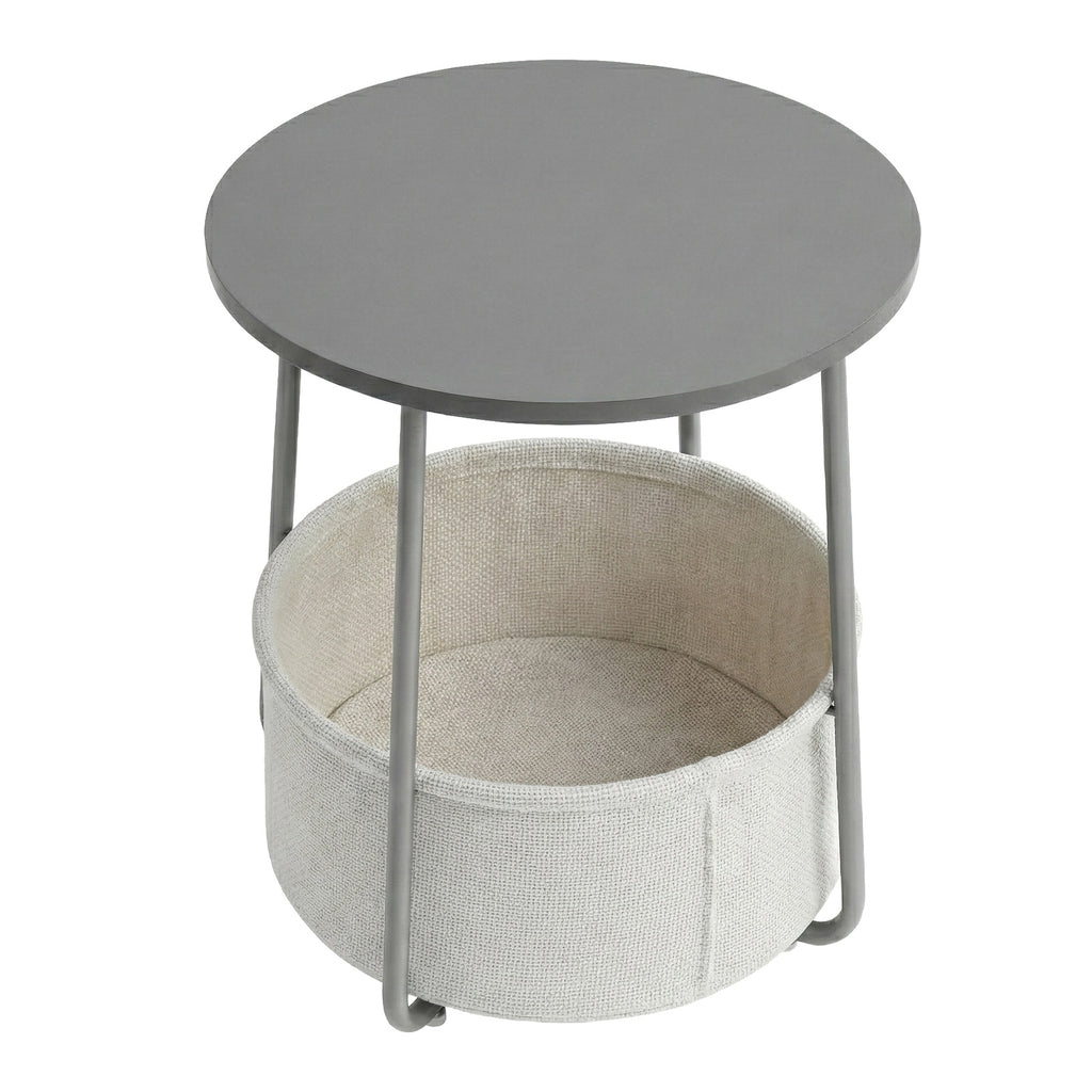 JOYFURNOS Table d'appoint, Bout de canapé rond avec panier en tissu, Pour salon et chambre, Table de chevet, Style moderne, Gris