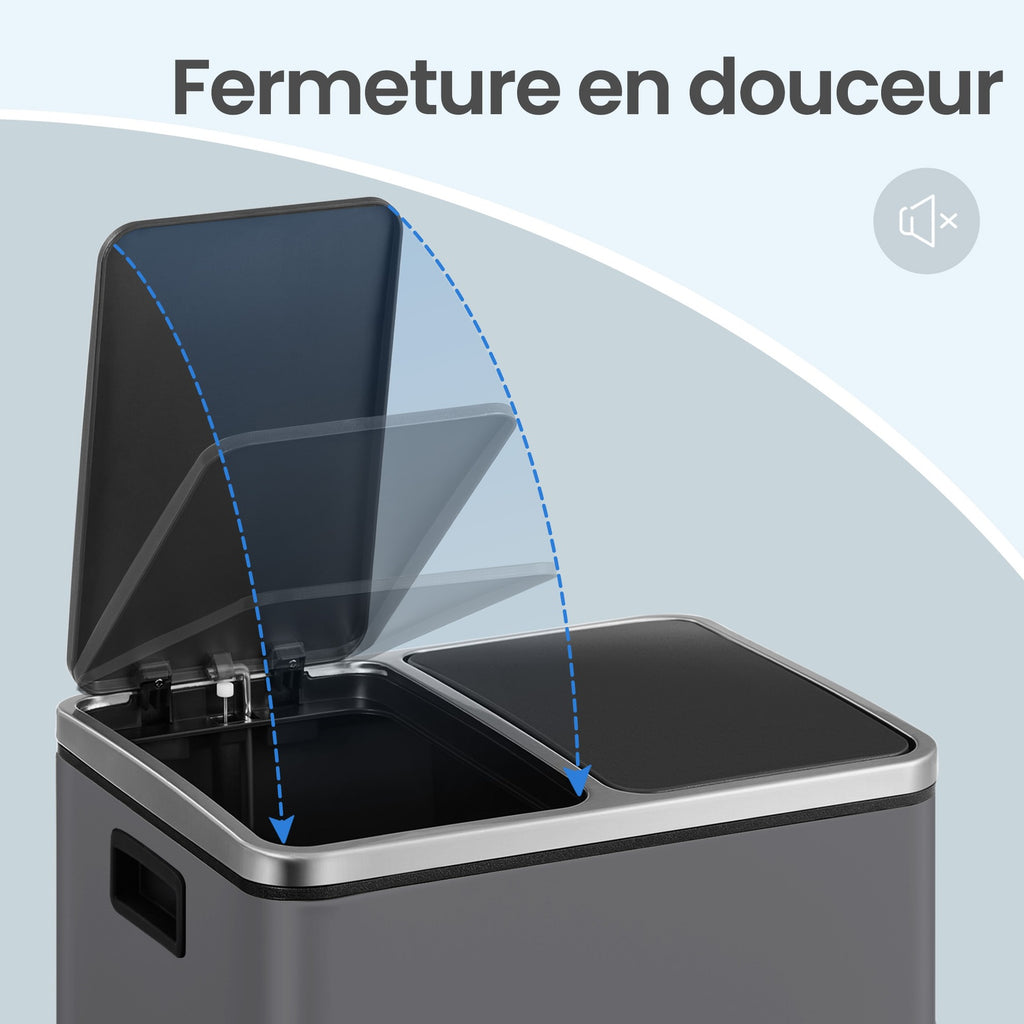 JOYFURNOS Poubelle de tri en acier à double compartiment, à pédale, fermeture douce, gris, avec 15 sacs poubelle