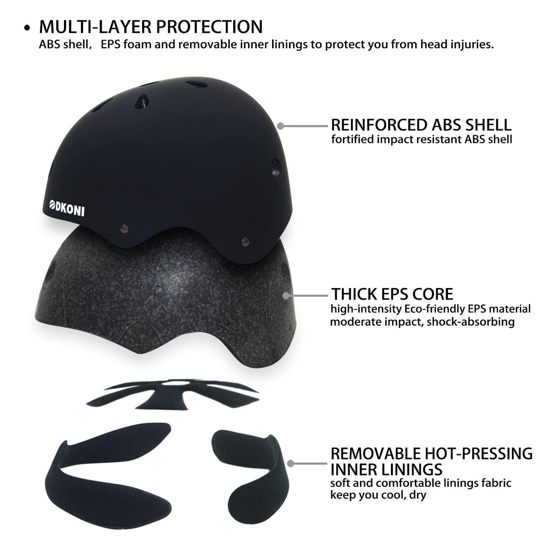 DKONI HS-001 Casque de vélo réglable pour enfants, multi-sports - Noir - S - 48-52 cm