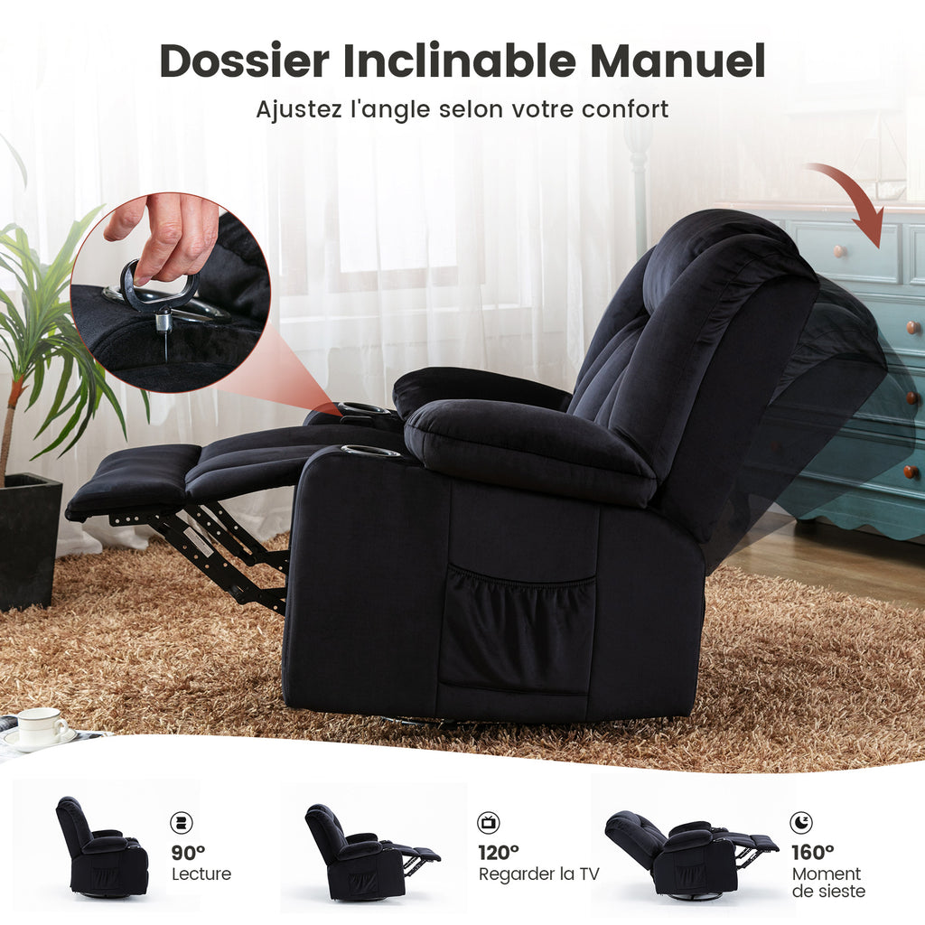 COMHOMA Chaise de relaxation manuelle pivotante pour adultes avec dossier réglable et repose-pieds, chaise longue 361° pour salon, porte-gobelet, poches latérales, tissu doux, ergonomique, noir