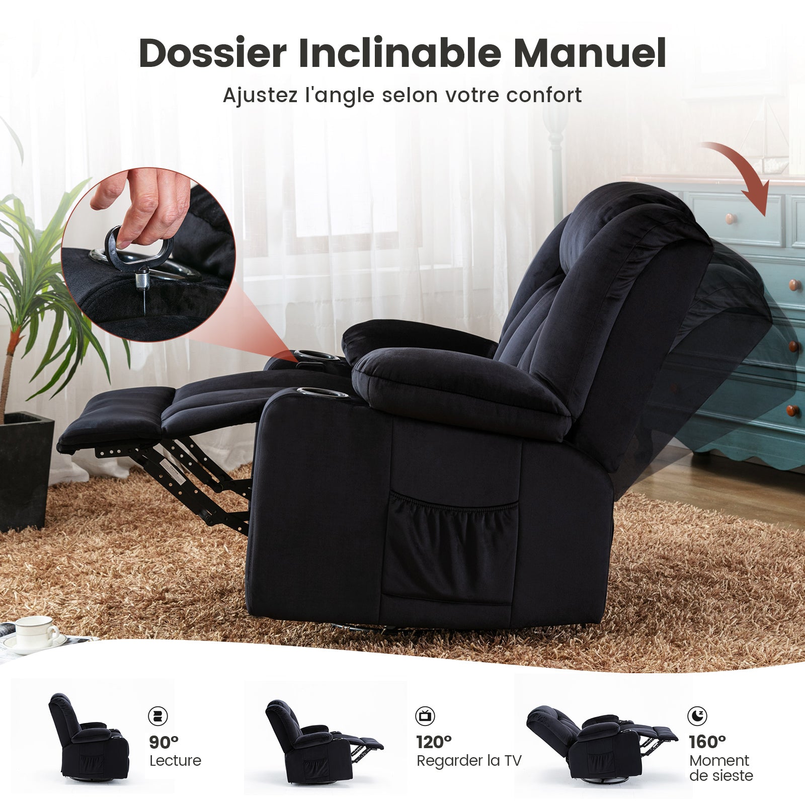 COMHOMA Chaise de relaxation manuelle pivotante pour adultes avec dossier réglable et repose-pieds, chaise longue 361° pour salon, porte-gobelet, poches latérales, tissu doux, ergonomique, noir