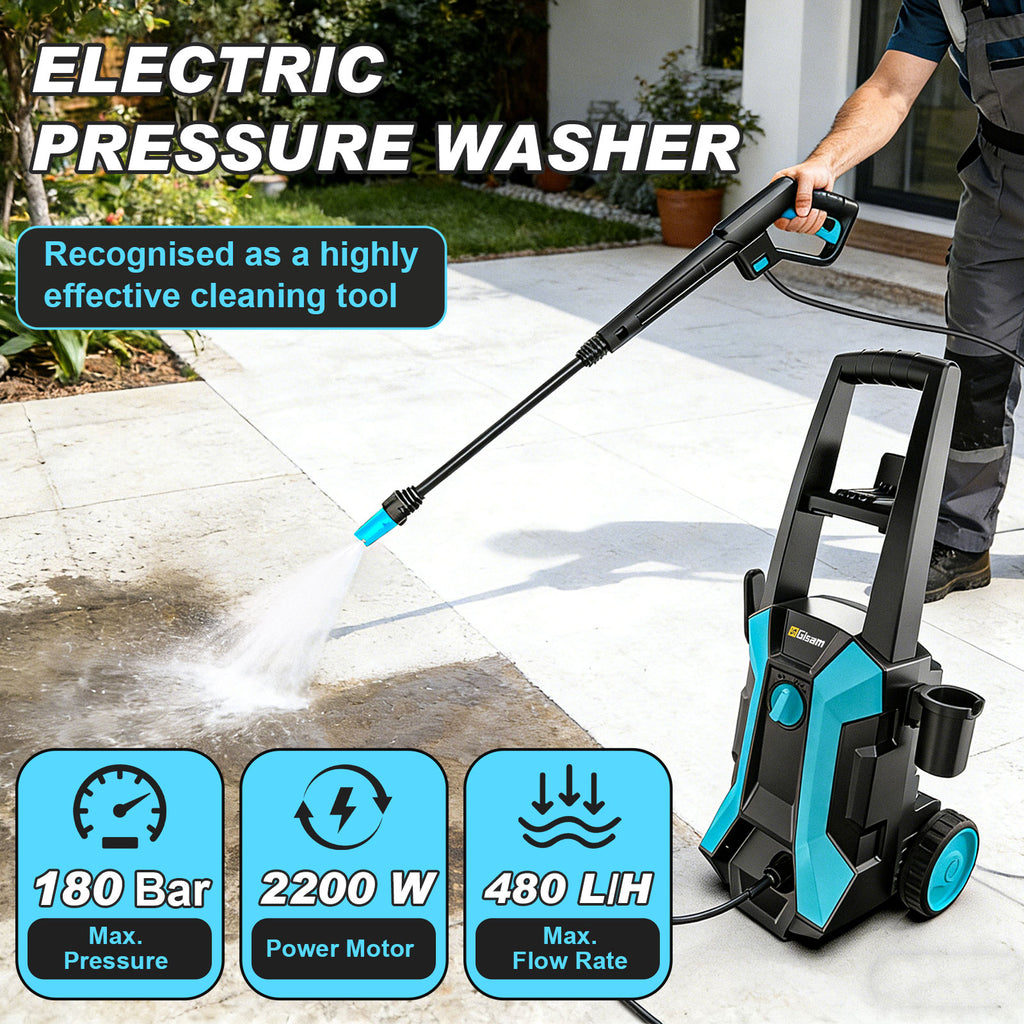 Nettoyeur haute pression électrique, 2200 W, 180 bars, 480 L/h, avec tuyau de 8 m, buse à mousse, buse rotative et pistolet haute pression pour nettoyer voitures, clôtures, terrasses