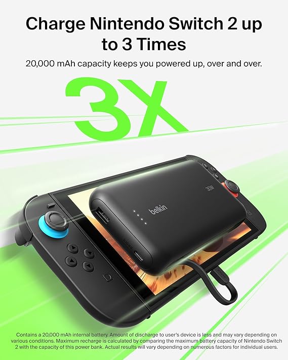 Belkin Gaming batterie externe 20000 mAh et 30 W PD avec câble intégré