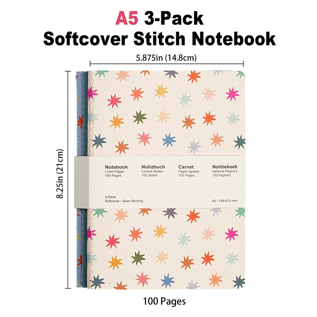 Jubiluu Lot de 3 carnets cousus A5 à couverture souple - 50 feuilles 80 g papier offset - Journal ligné crème classique pour école, bureau, journal intime ou prise de notes quotidienne - Floral éclatant