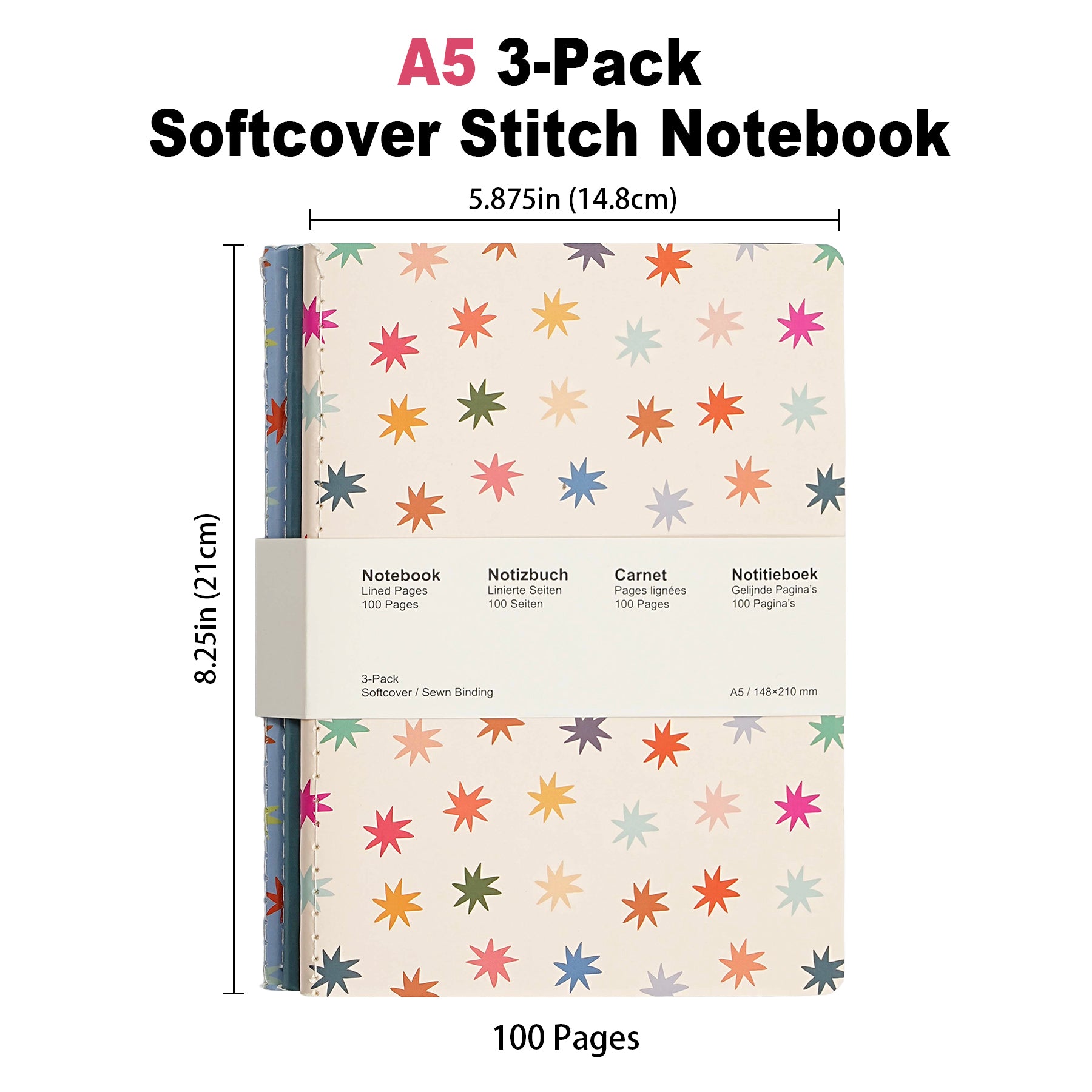 Jubiluu Lot de 3 carnets cousus A5 à couverture souple - 50 feuilles 80 g papier offset - Journal ligné crème classique pour école, bureau, journal intime ou prise de notes quotidienne - Floral éclatant