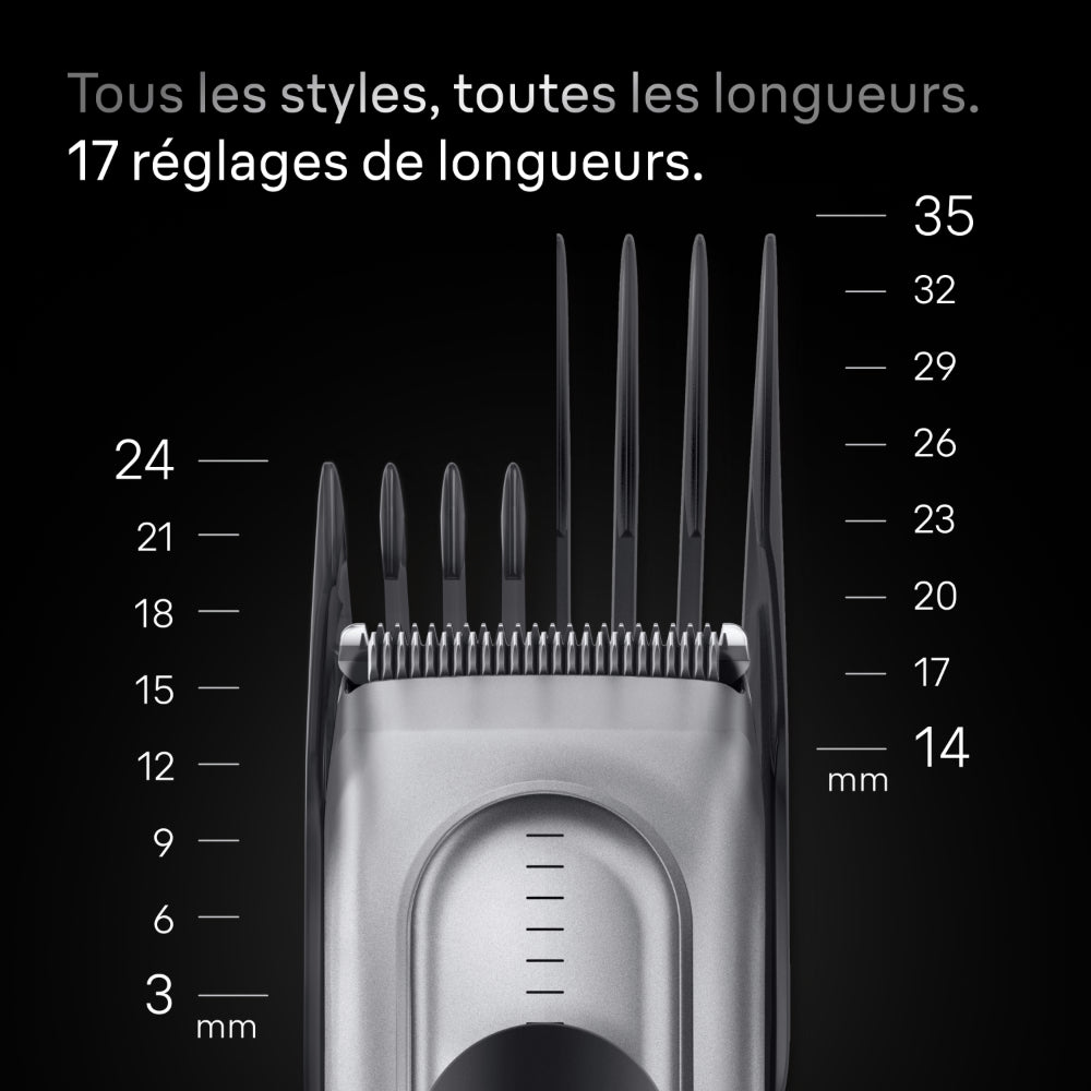 Braun Tondeuse à cheveux électrique Série 7, + 5 accessoires de coiffure, lames à tranchant permanent, 17 réglages de longueur, HC7590, Gris