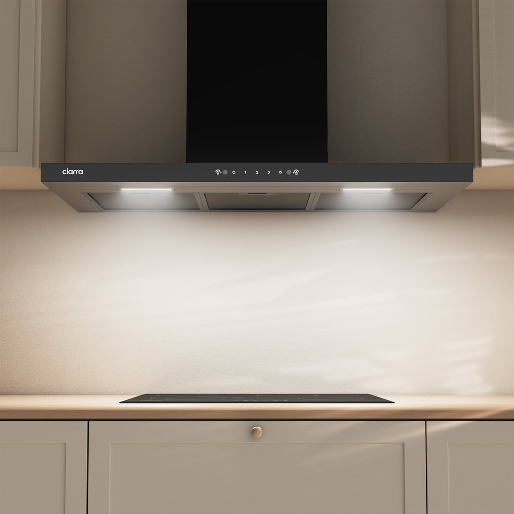 CIARRA Hotte aspirante murale 90 cm, Design panneau ultra-fin 40 mm en verre noir, Commandes gestuelle et tactile, 650 m³/h, Classe énergétique A+++, Évacuation et recyclage CRGCB9102-SLIM